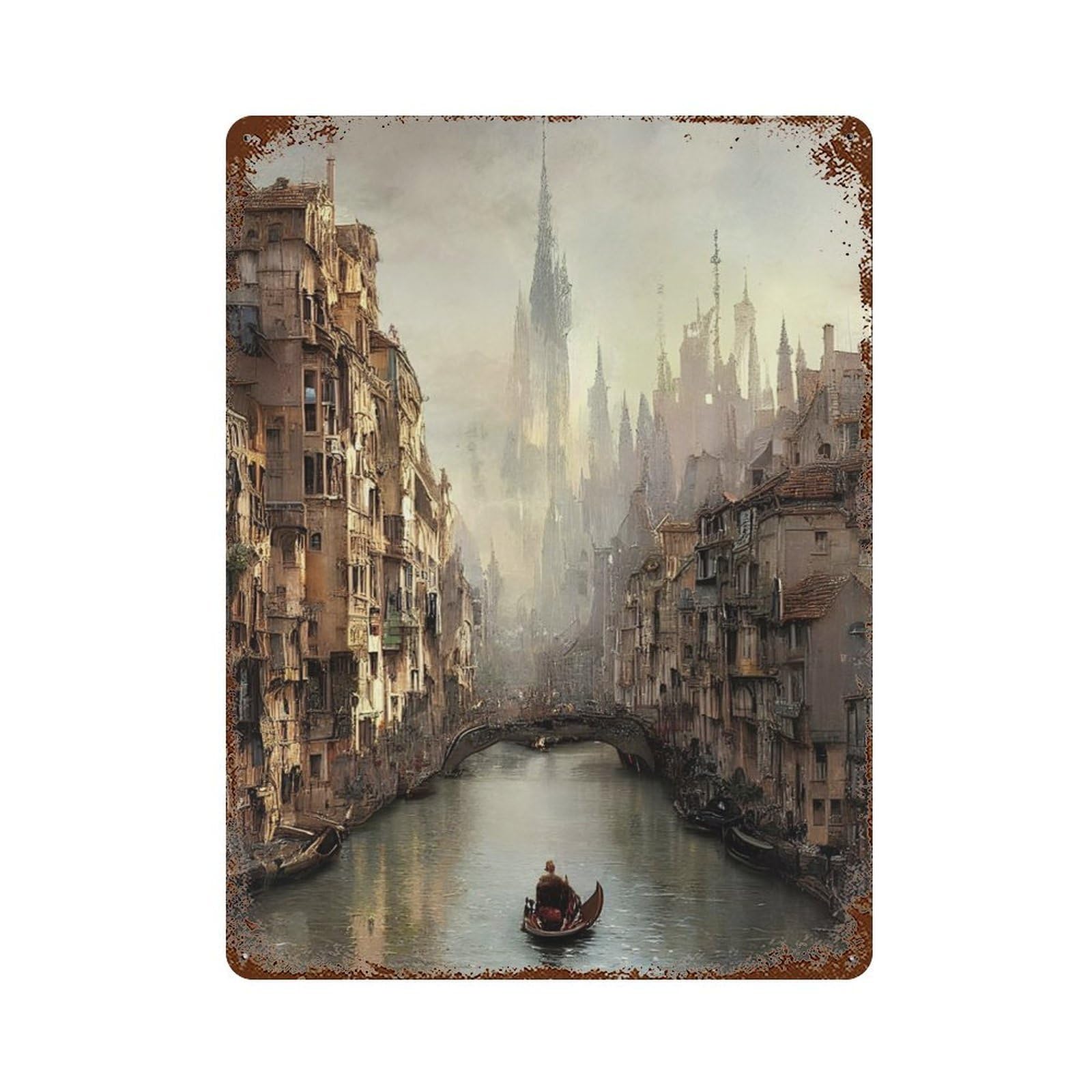 Rust Effect Tin Sign with Gondolas in Venice Design 15.7"x11.8", for Pub, Kitchen And Man Cave Decor, Industrial Home Decor