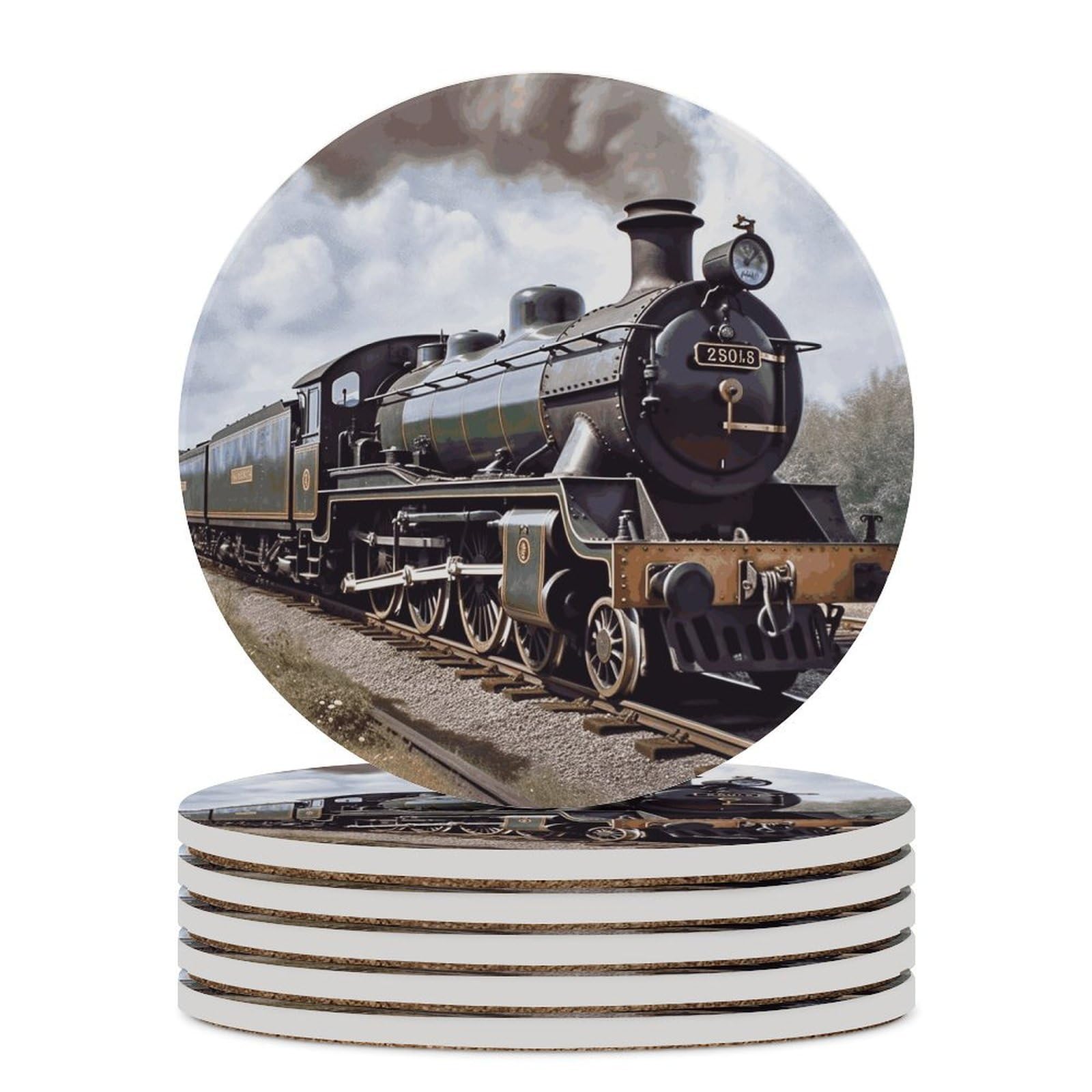 Steam Locomotive Train Coaster with Cork Base Drink Coasters for Coffee Table Decor Modern Cup Coasters with Non-Slip & Heat-Resistant Cute Ceramic Table Coaster for Home Dining