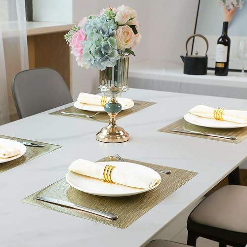 Miniatura 2 de Snowkingdom Juego de 4 manteles individuales dorados de vinilo prensado metálico, de 17.7 x 11.8 pulgadas, antideslizantes, resistentes al calor,