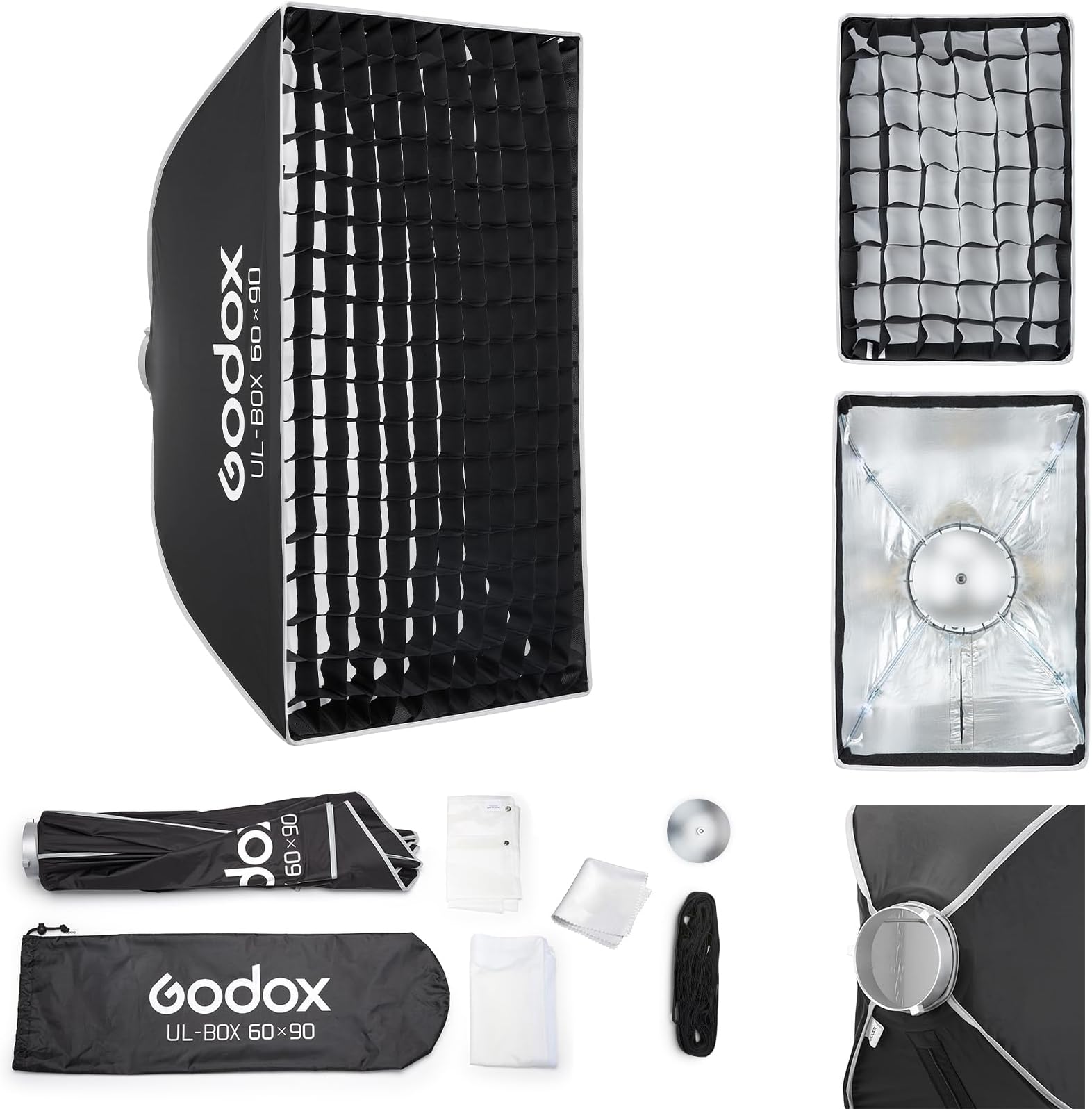 Godox Softbox UL-60x90 Large Rectangular Softbox, Quick-Release Umbrella Bowens Mount with Grid & Diffuser & Deflector, for Video Recording & Live Streaming