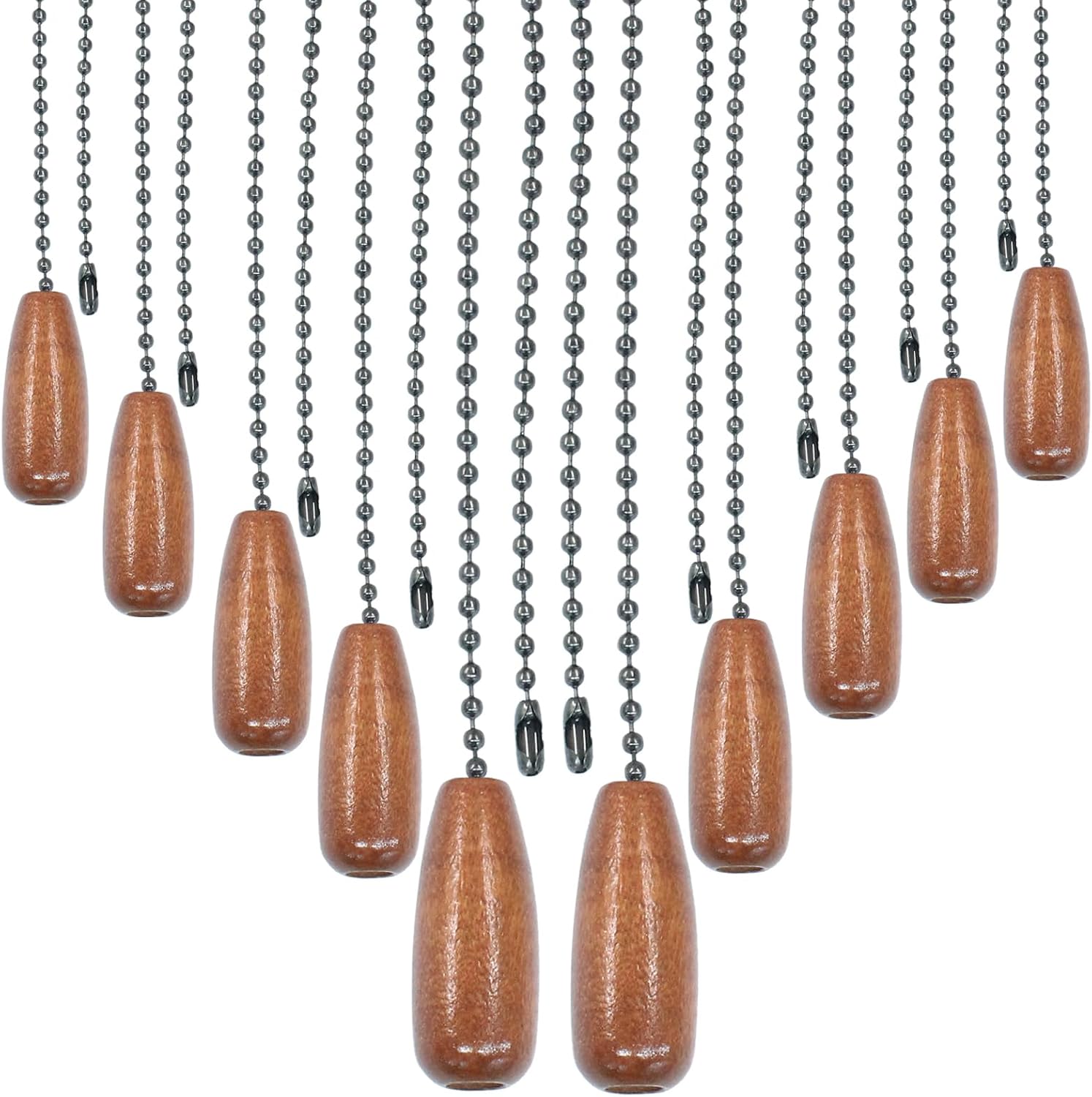 Hordion 10pcs Ceiling Fan Pull Chain Extender, 12.5 Inches Beaded Ball Chain Extension Cord with Wooden Decorative Pendant for Ceiling Light Lamp Fan Chain, Walnut Color