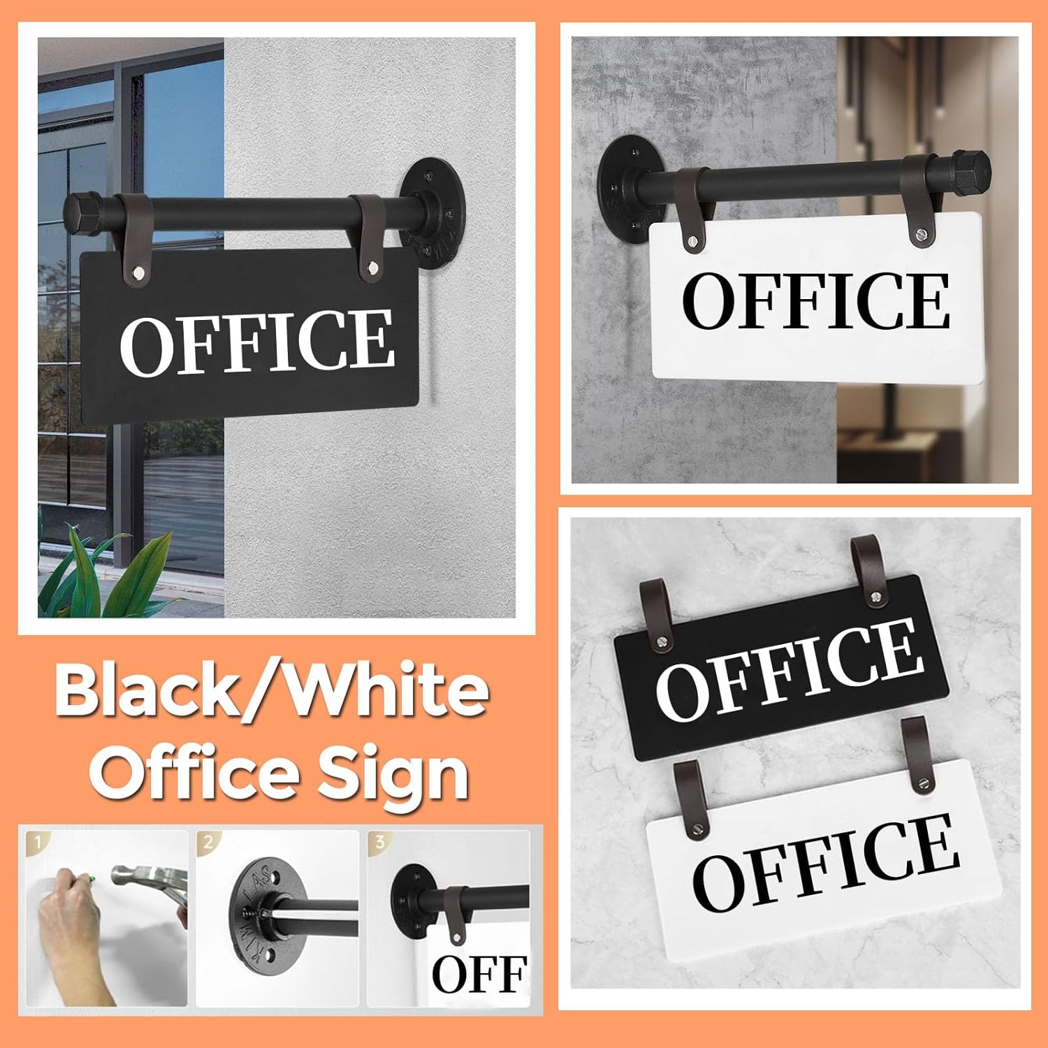 Modern Office Sign 11" x 6" Double-Sided Wall-Mounted Office Door Sign For Business UV Printed Indoor/Outdoor Pre-Drilled Holes with Metal Rod