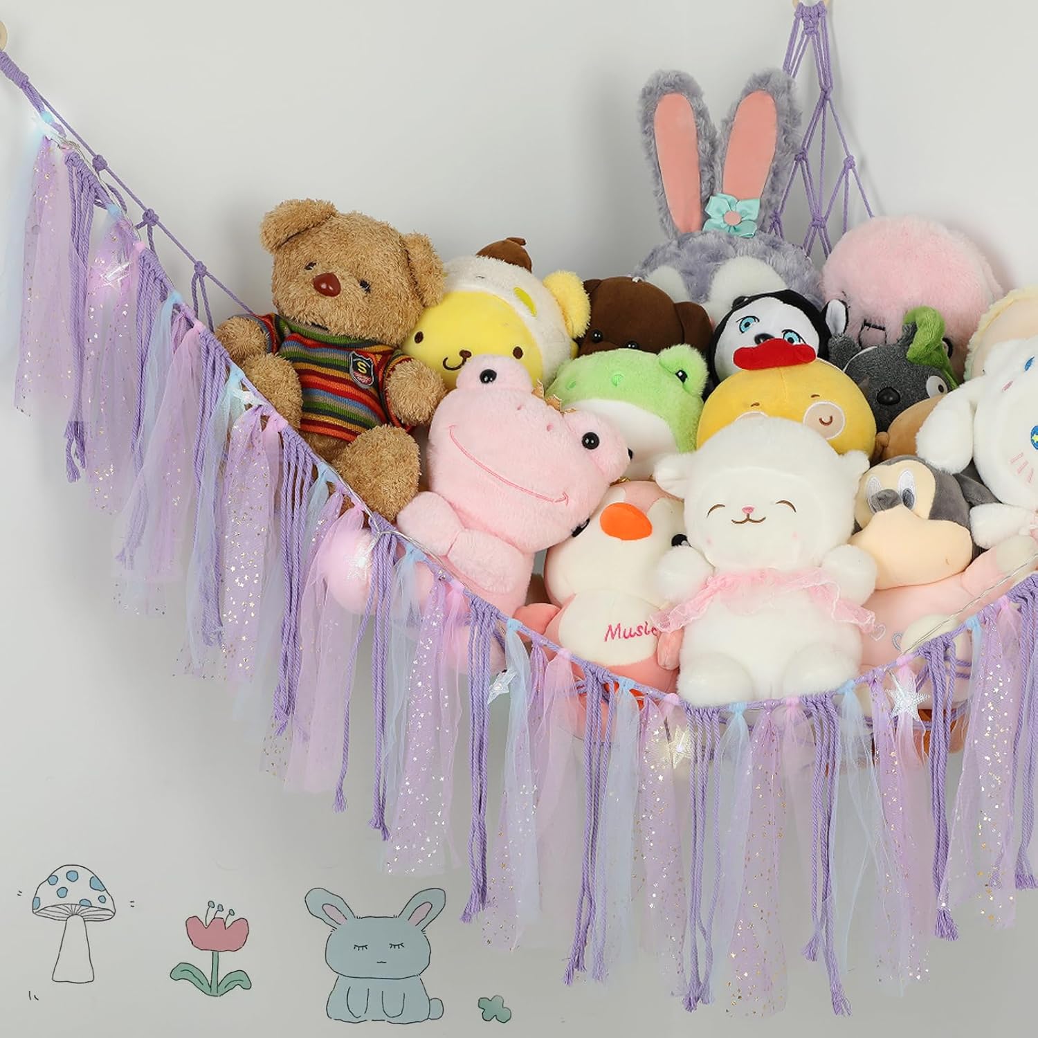 Stuffed Animal Hammock with LED Lights - 59 Inch Large Toy Storage Net for Kids Bedroom, Wall-Mounted Plush Organizer with Wooden Rings, Nursery Decor (Handwoven, Purple)