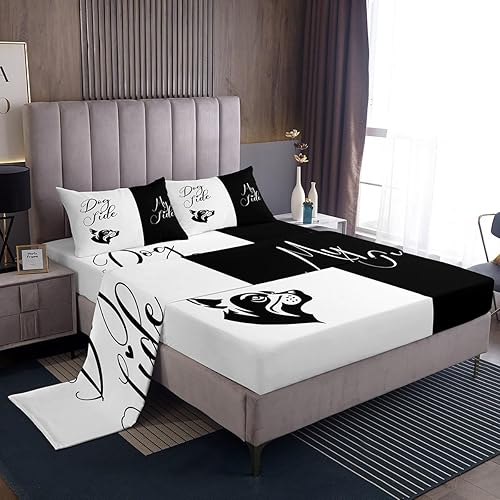Miniatura 2 de Dog Side My Side - Juego de sábanas de tamaño Queen, color negro y blanco, sábana bajera ajustable para mujeres y hombres, sábanas románticas de
