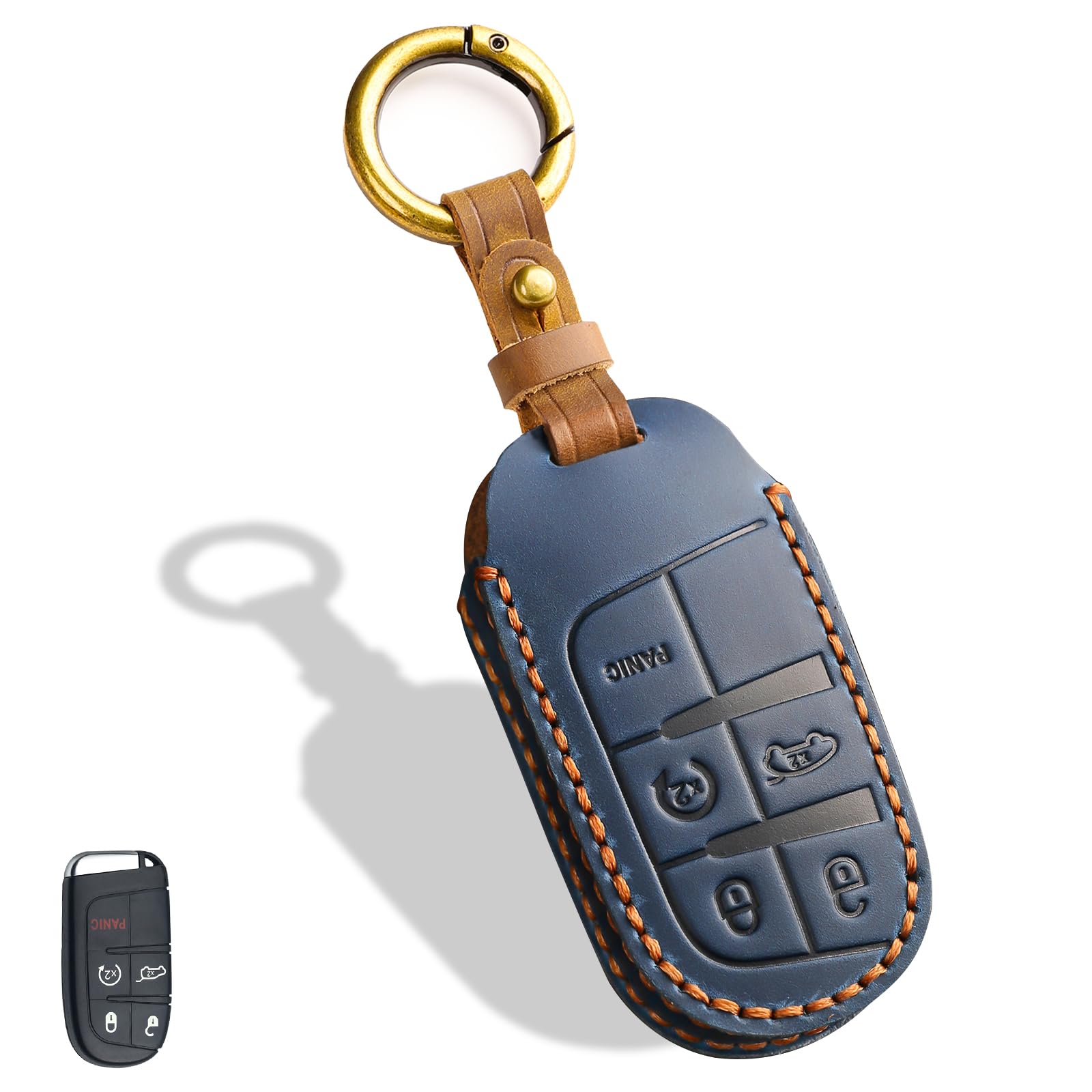 Leather Key Fob Cover, Compatible with Jeep Grand Cherokee Renegade Compass Chrysler Dodge RAM Durango Challenger Journey Dart Fiat, No Screw Design Key Holder Protector (Blue)