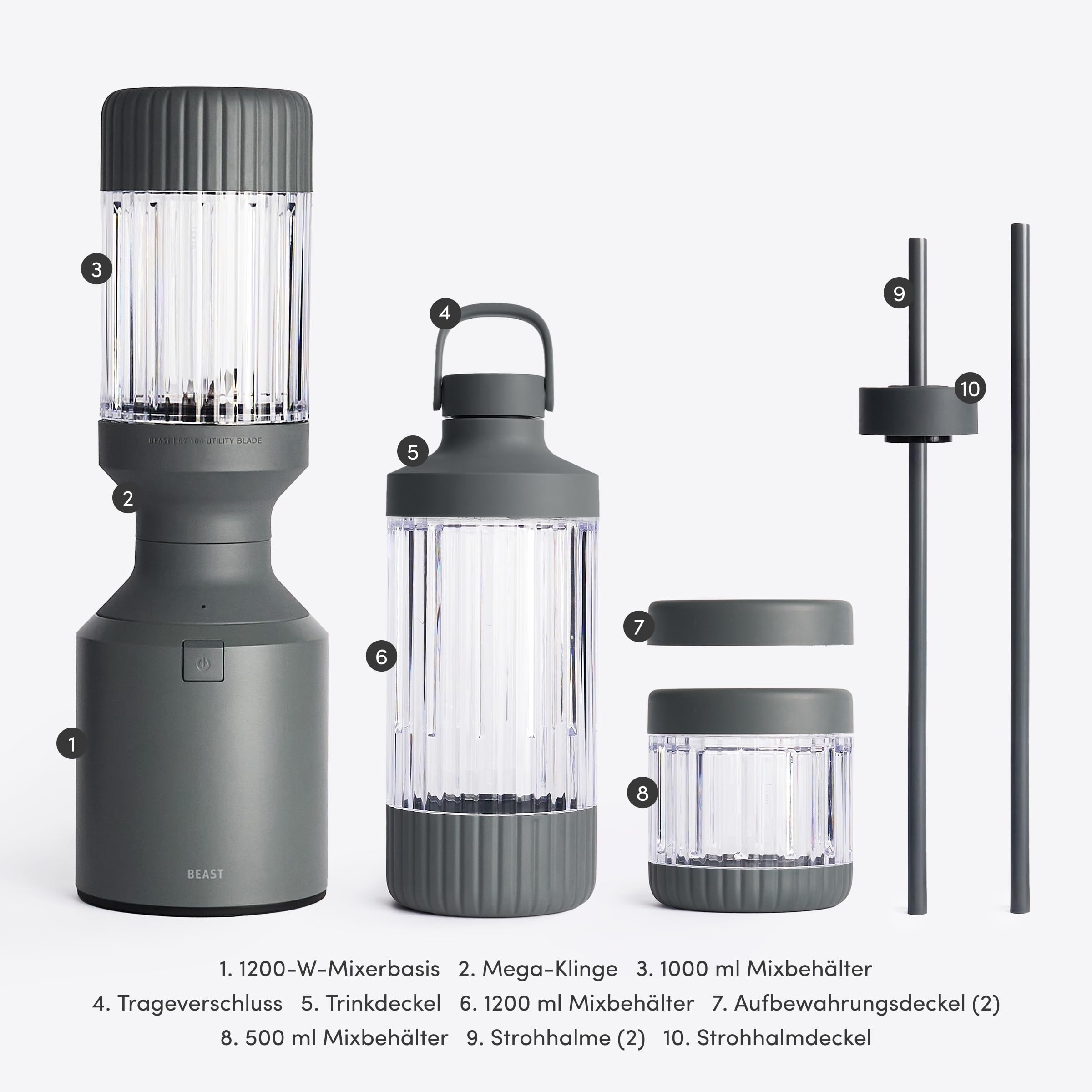 BEAST Standmixer 1200W - Smoothie Maker Hochleistungsmixer mit 3 Tritan Mixbechers -1200 ml - To-go Trink - und Aufbewahrungsdeckel - Mixer für Smoothies, Eis und Shakes