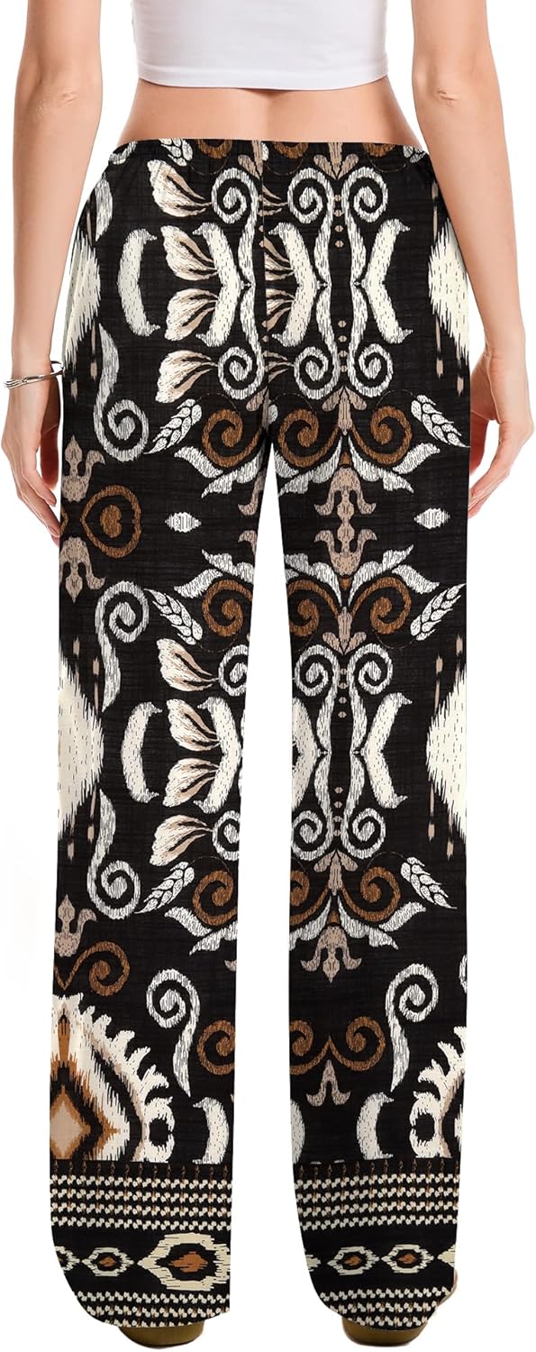 AKEWEI Women Cotton Linen Summer Palazzo Pants Drawstring Waist Wide Leg Lightweight Beach Trousers with Pockets - Image 5