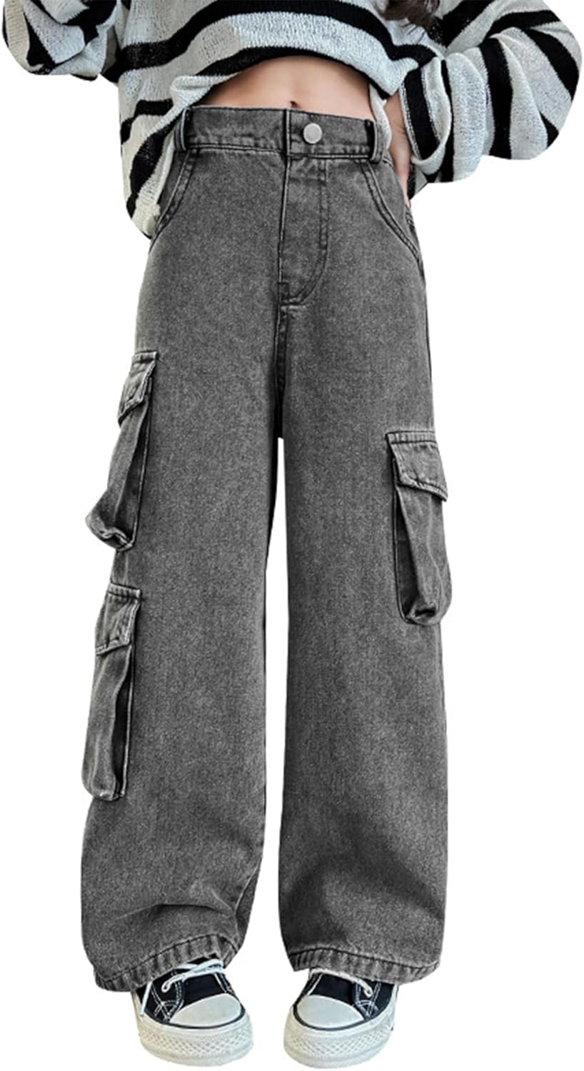 SANGTREE Baggy Jeans for Girls Wide Leg Jeans Elastic Waist Denim Pants Kids Clothes 6-14 Years
