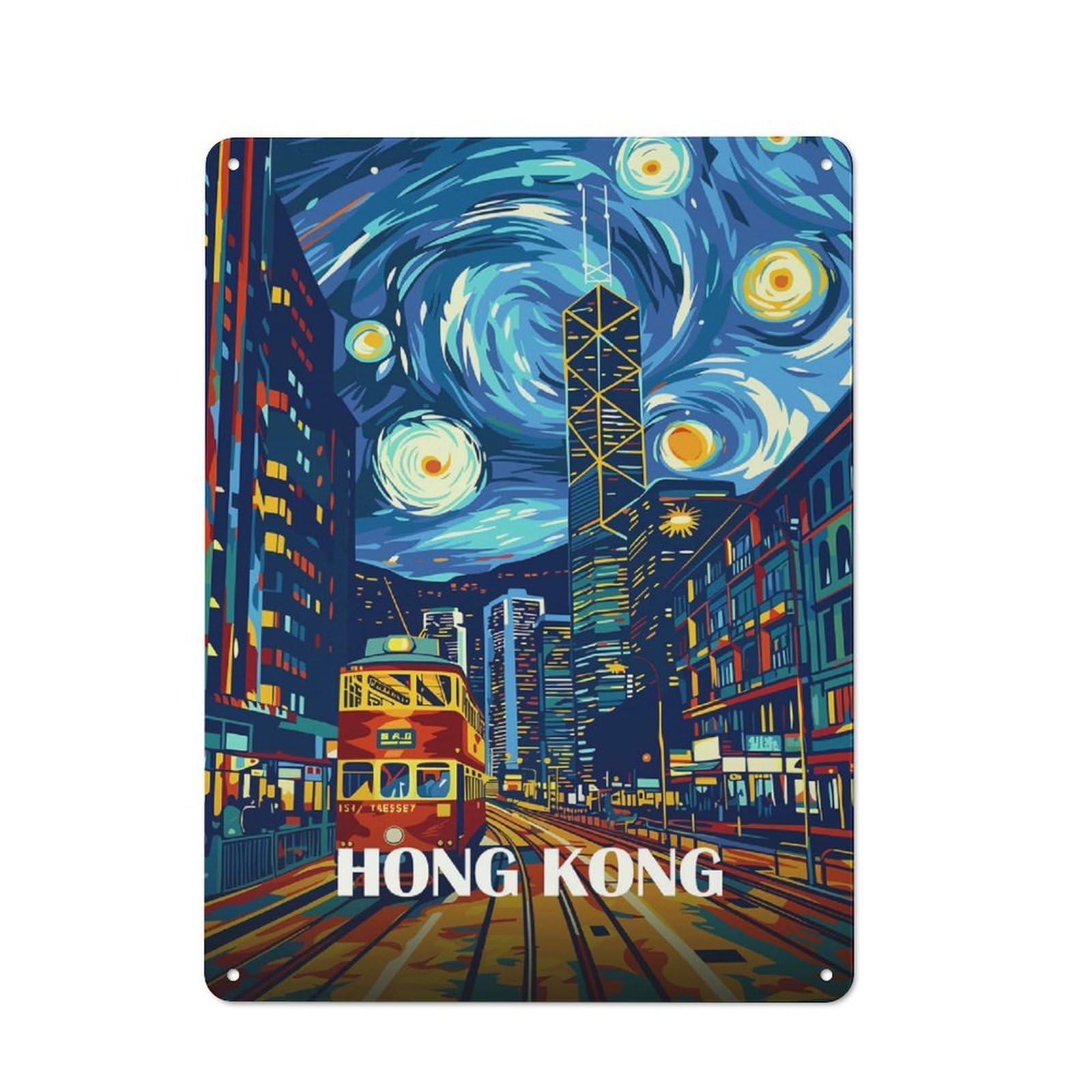 Junmoney Style-13 Cosy Hong Kong Starry Night Tram Metal Plaque 40X30cm, Kitchen Wall Decor For Kitchen, Cafe, Pantry Or Dining Room