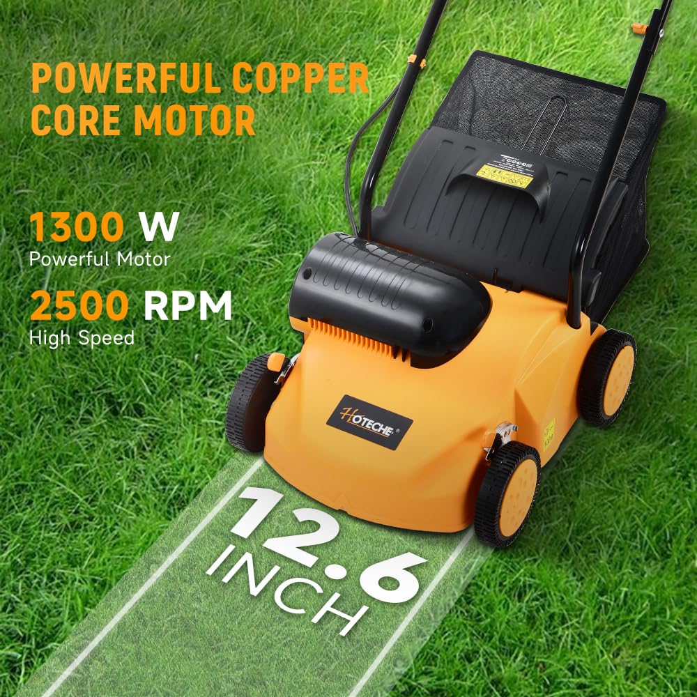 Hoteche Elektryczny wertykulator 1300 W, szerokość robocza 2500 obr./min, 320 mm, pojemnik na trawę 35 l, pomarańczowo-czarny, kolorowe pudełko