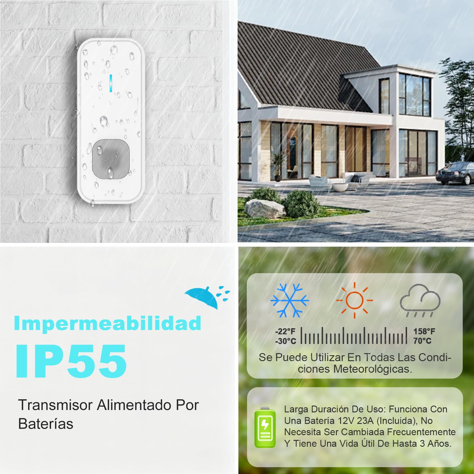 AIMAX Timbre Inalámbrico con 1 Emisor y 1 Receptor, Alcance de 400 m, IP55 Impermeable, 5 Niveles de Volumen / 55 Melodías, Apto para Interior y Exterior, Blanco