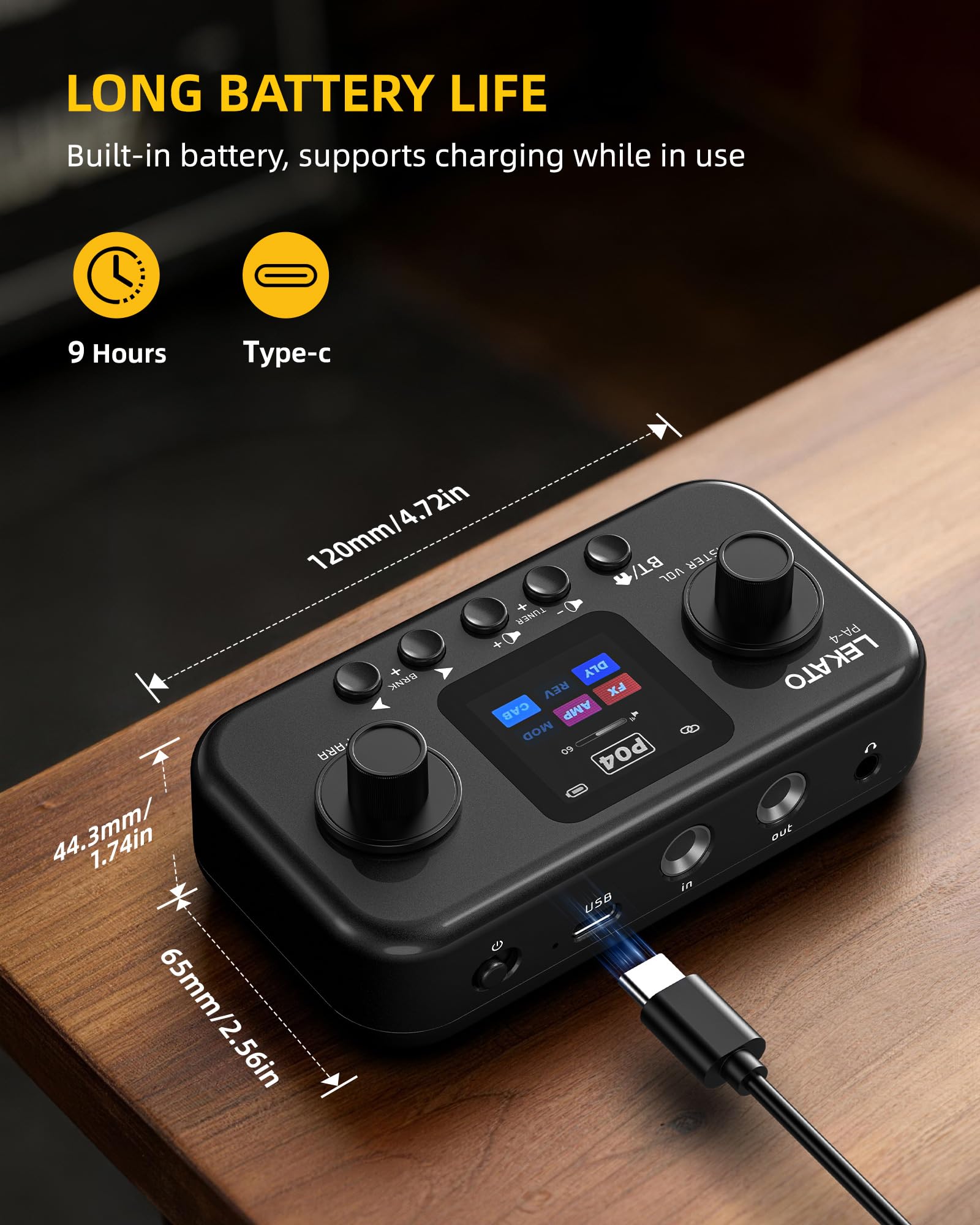 LEKATO Guitarra Pedal Multiefectos con 80 presets, 6 módulos de efectos, 20 Amp/Cab, Interfaz de audio USB OTG y BT, Procesador de Efectos Portátil para Guitarra y Bajo