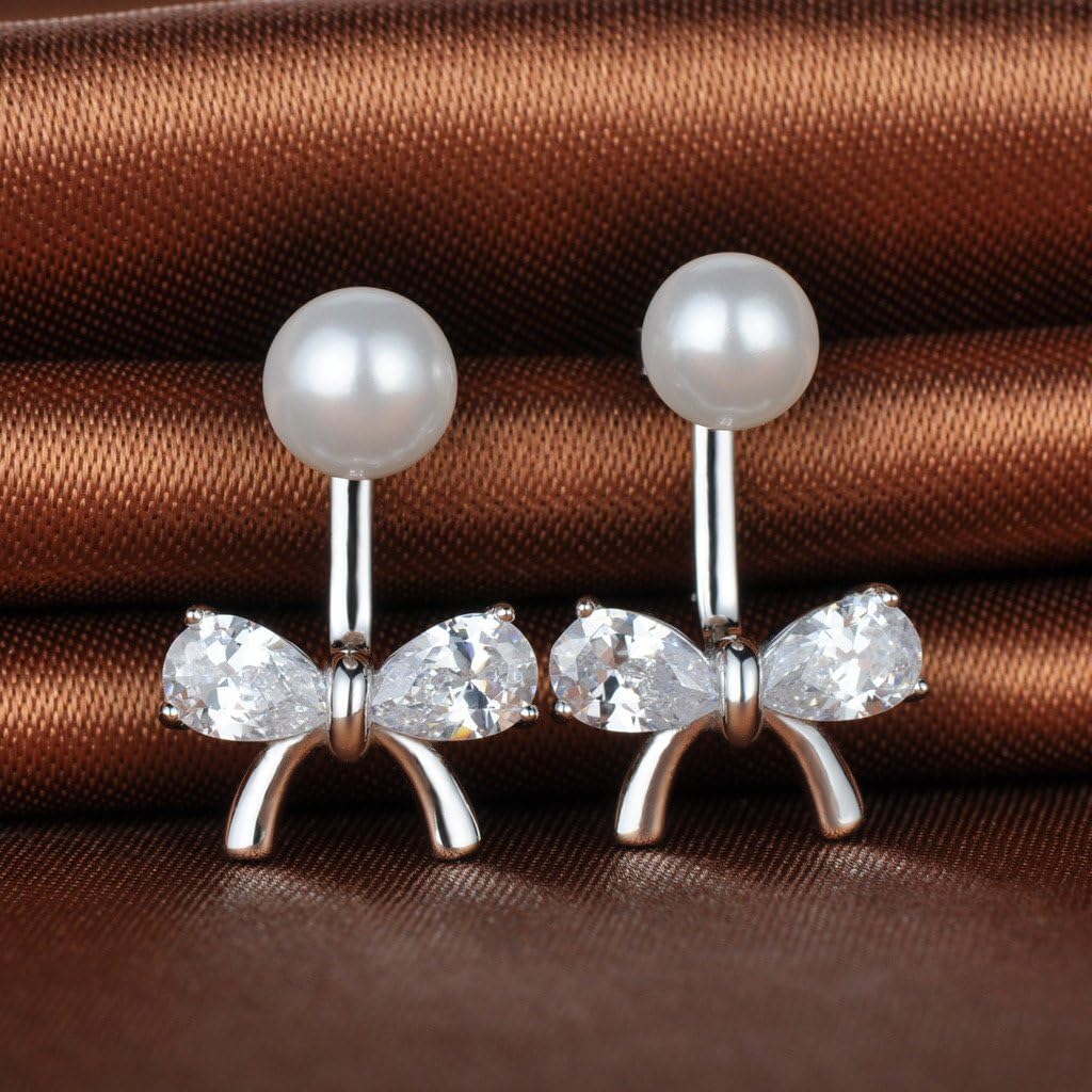 Infinite U Elegant Earring Jackets 925 Sterling Silver Cubic Zirconia Simulated Pearl Bowknot Ear Studs Drops Dangles