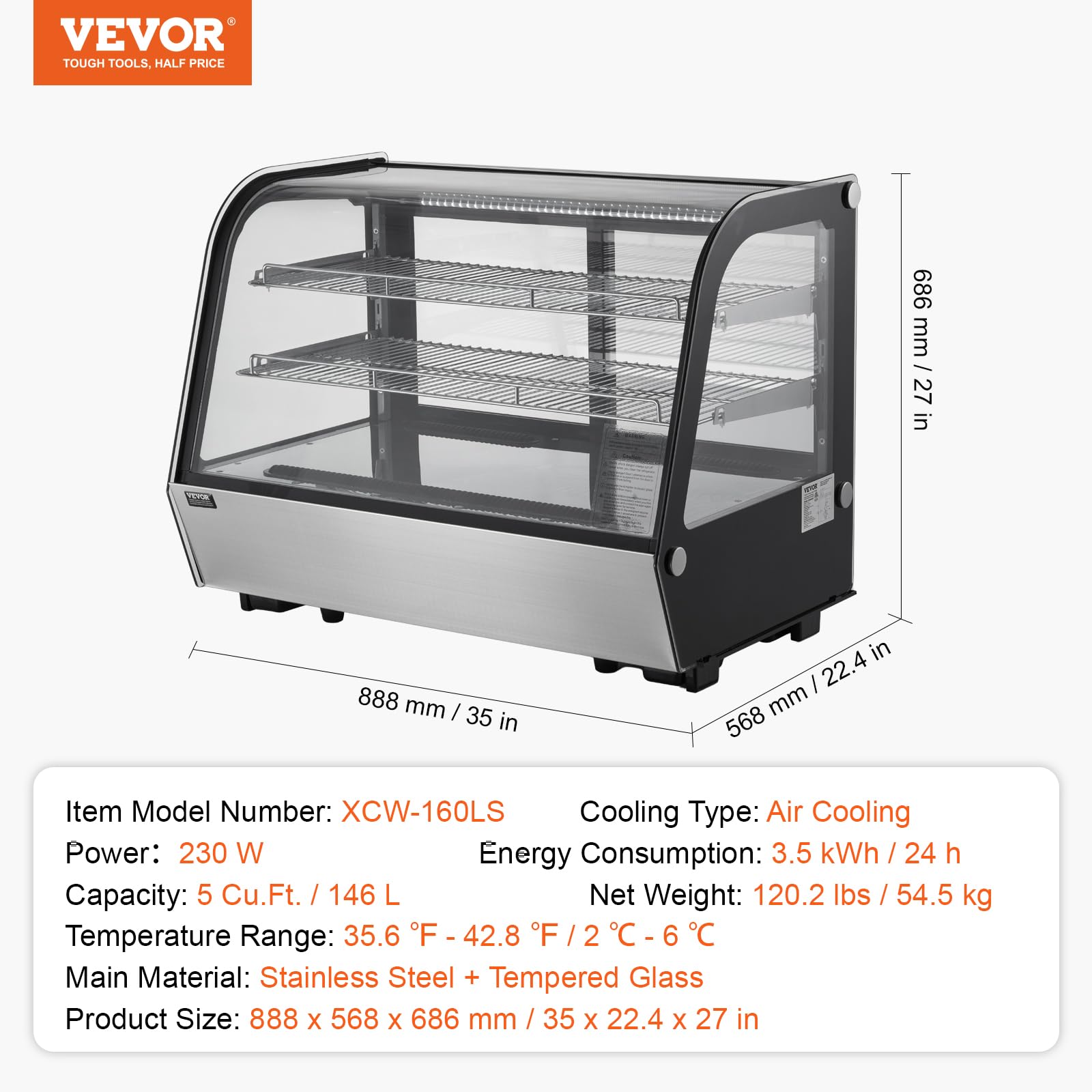VEVOR Vetrina Refrigerata da 146 L Vetrina Espositiva per Pasticceria da Banco a 2 Livelli, Frigorifero Commerciale con Illuminazione a LED, Raffreddamento TURBO, Raffreddamento ad Aria Senza Brina