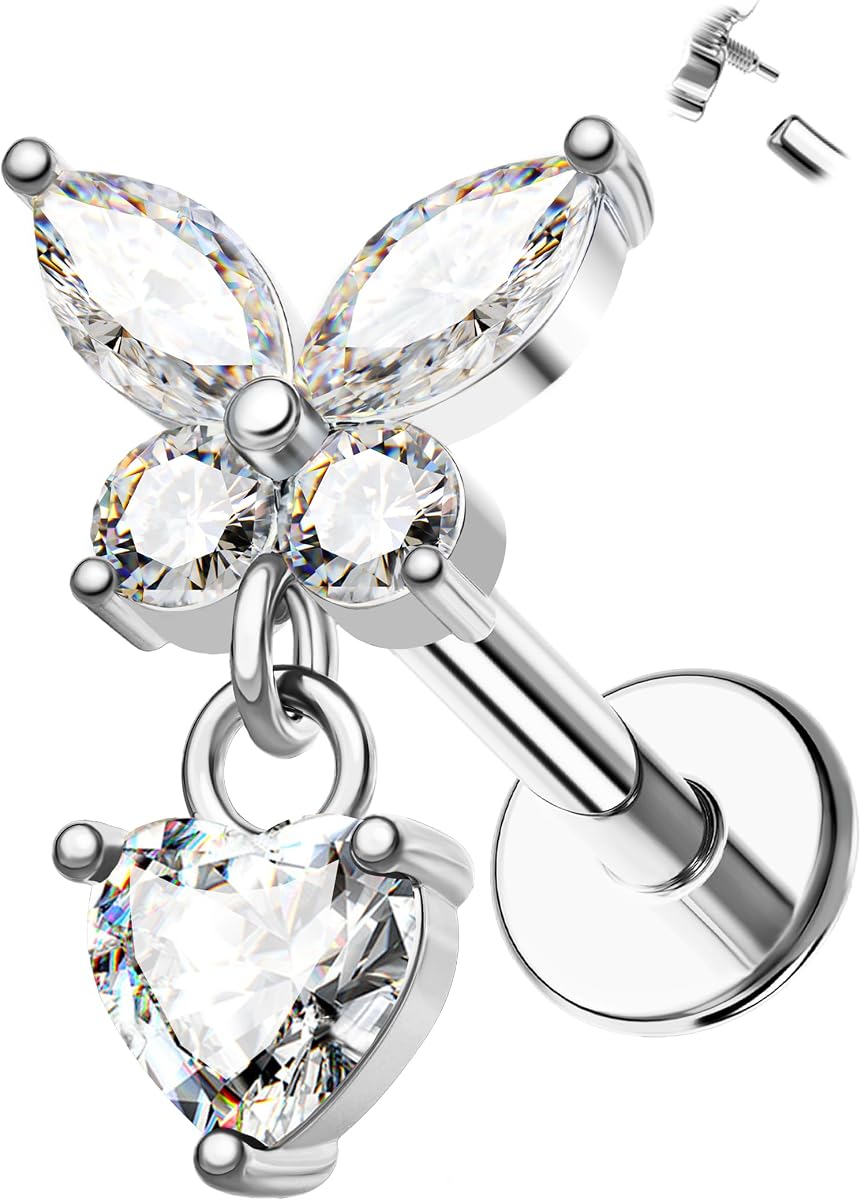 16G Dangle Helix Piercing Jewelry Internally Thread Cartilage Earring Stud 316L Surgical Steel Flat Back Conch Piercing Jewelry Butterfly Vertical Labret Stud for Women