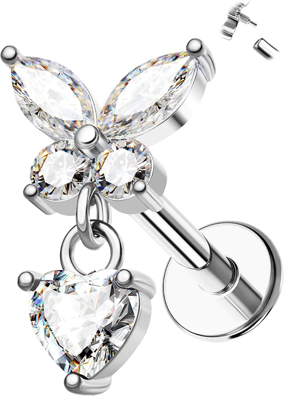 16G Dangle Helix Piercing Jewelry Internally Thread Cartilage Earring Stud 316L Surgical Steel Flat Back Conch Piercing Jewelry Butterfly Vertical Labret Stud for Women