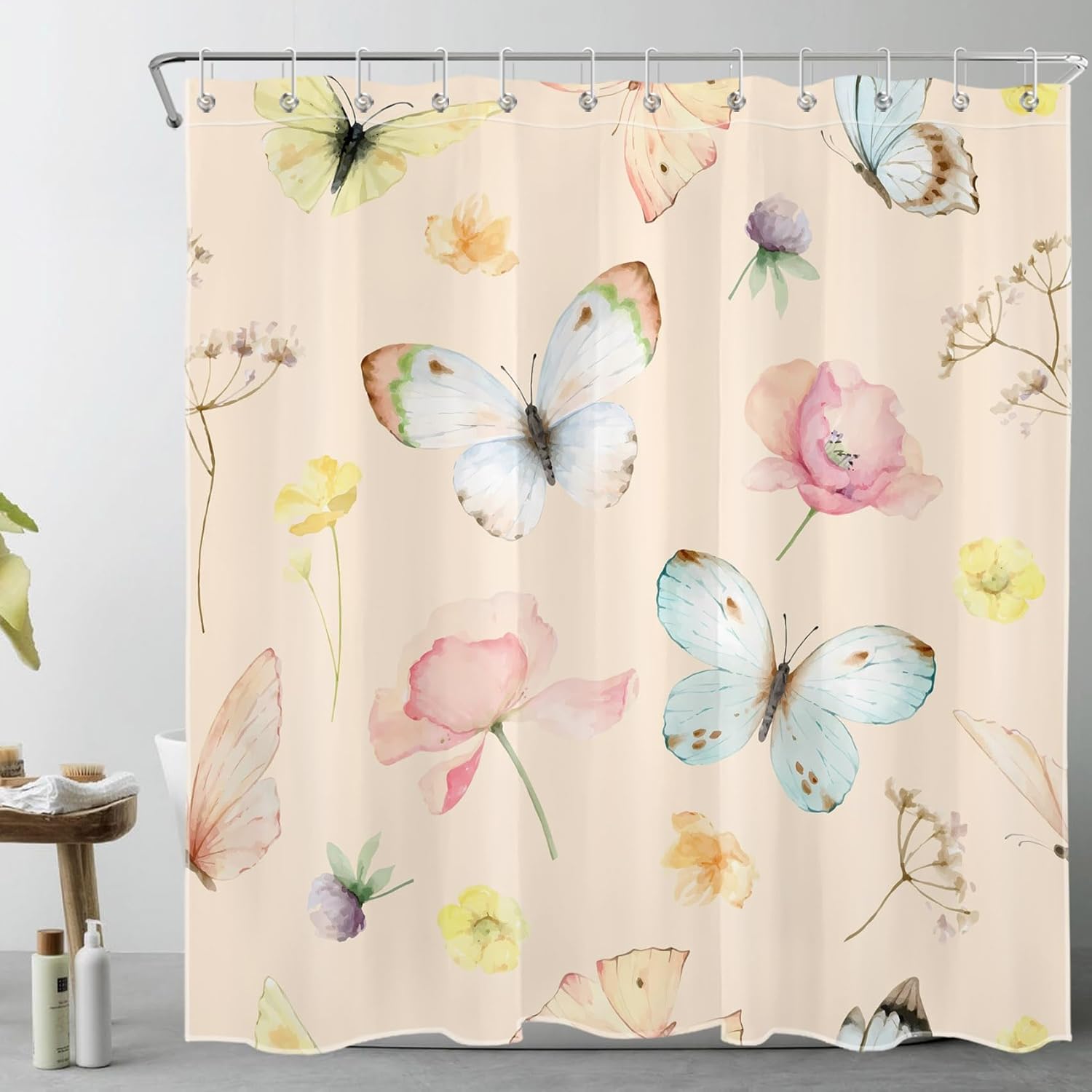 WEENEO Blue Butterfly Shower Curtain Abstract Watercolor Pink Floral and Yellow