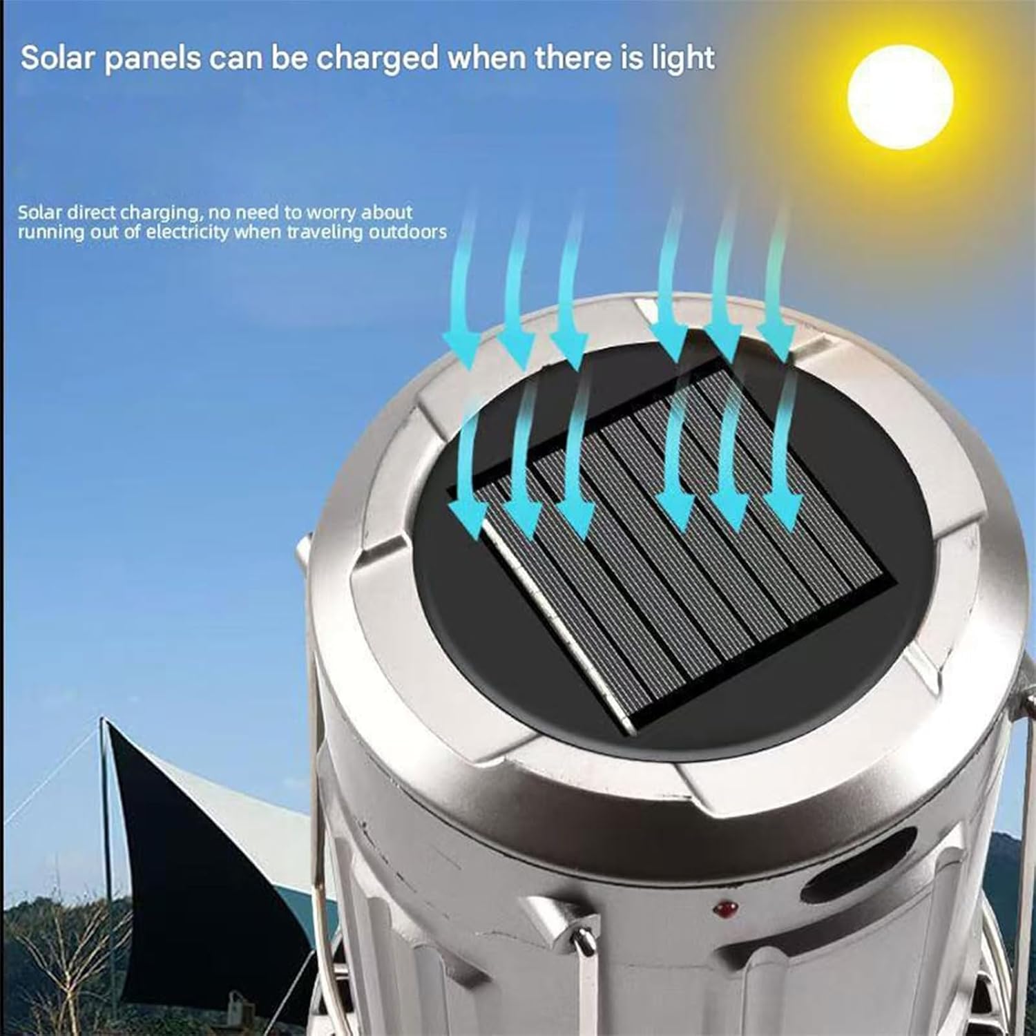 Linterna de camping, linterna LED portátil 5 en 1 con ventilador, plegable, funciona con energía solar, recargable por USB, luces colgantes de emergencia para tienda de campaña, senderismo (2