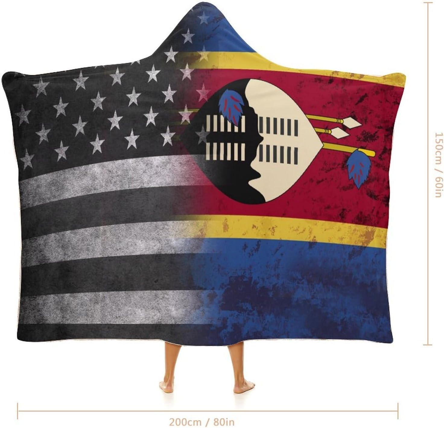 Vintage U.S.A Swaziland Flag Fashion Wearable Blanket Hoodie Fleece Throw Cloak Robe Unisex