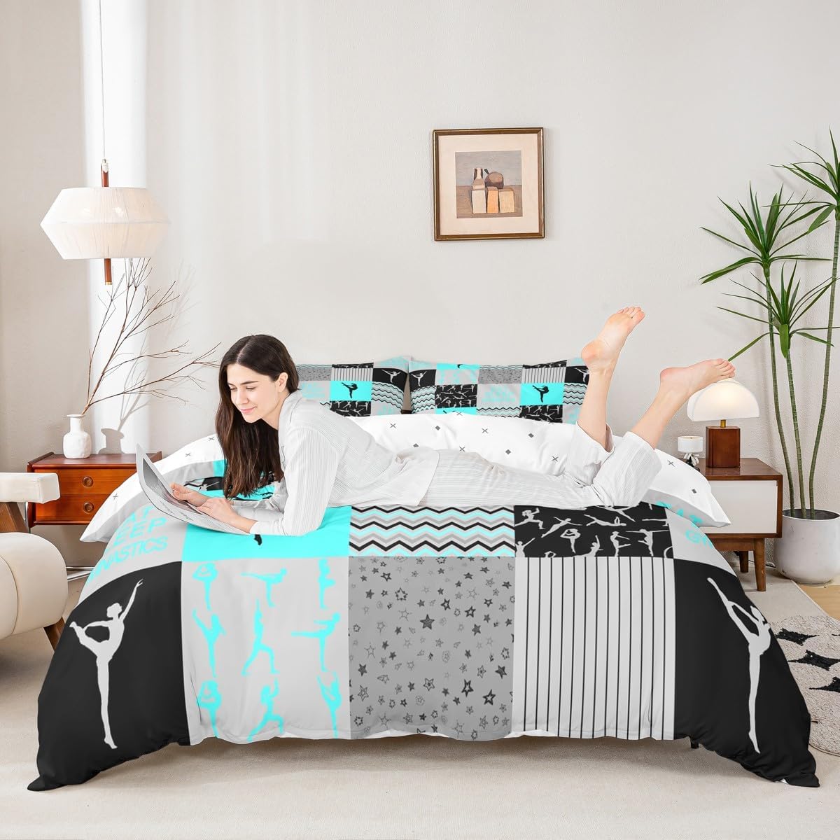 Gymnastics Girls Duvet Cover Set Twin Size Pink Black Geometric Plaid Bedding Set 2pcs for Kids Women Gymnast Youth Bedroom Sports Dancing Comforter Cover Modern Stripes Quilt Cover,1 Pillowcase