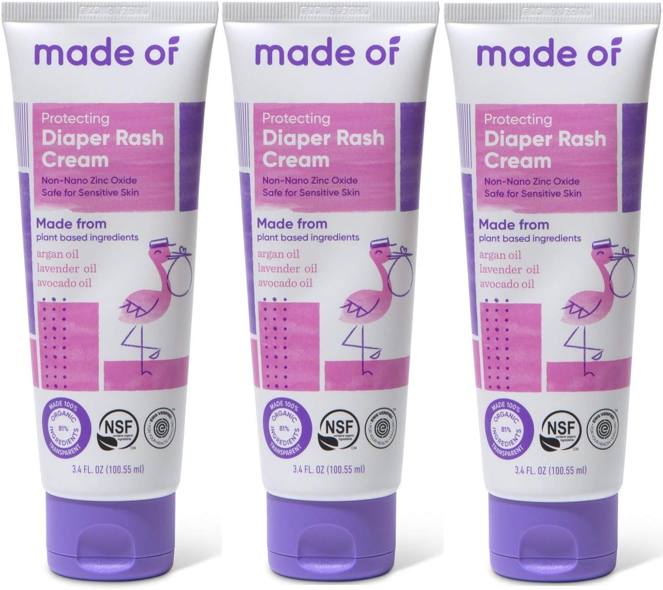 Organic Diaper Cream by MADE OF – NSF Organic Baby Diaper Cream with Avocado Oil and Argan Oil (Fragrance Free, 3.4oz) – Zinc Oxide Ointment and Butt Paste for Sensitive Skin (3-Pack)