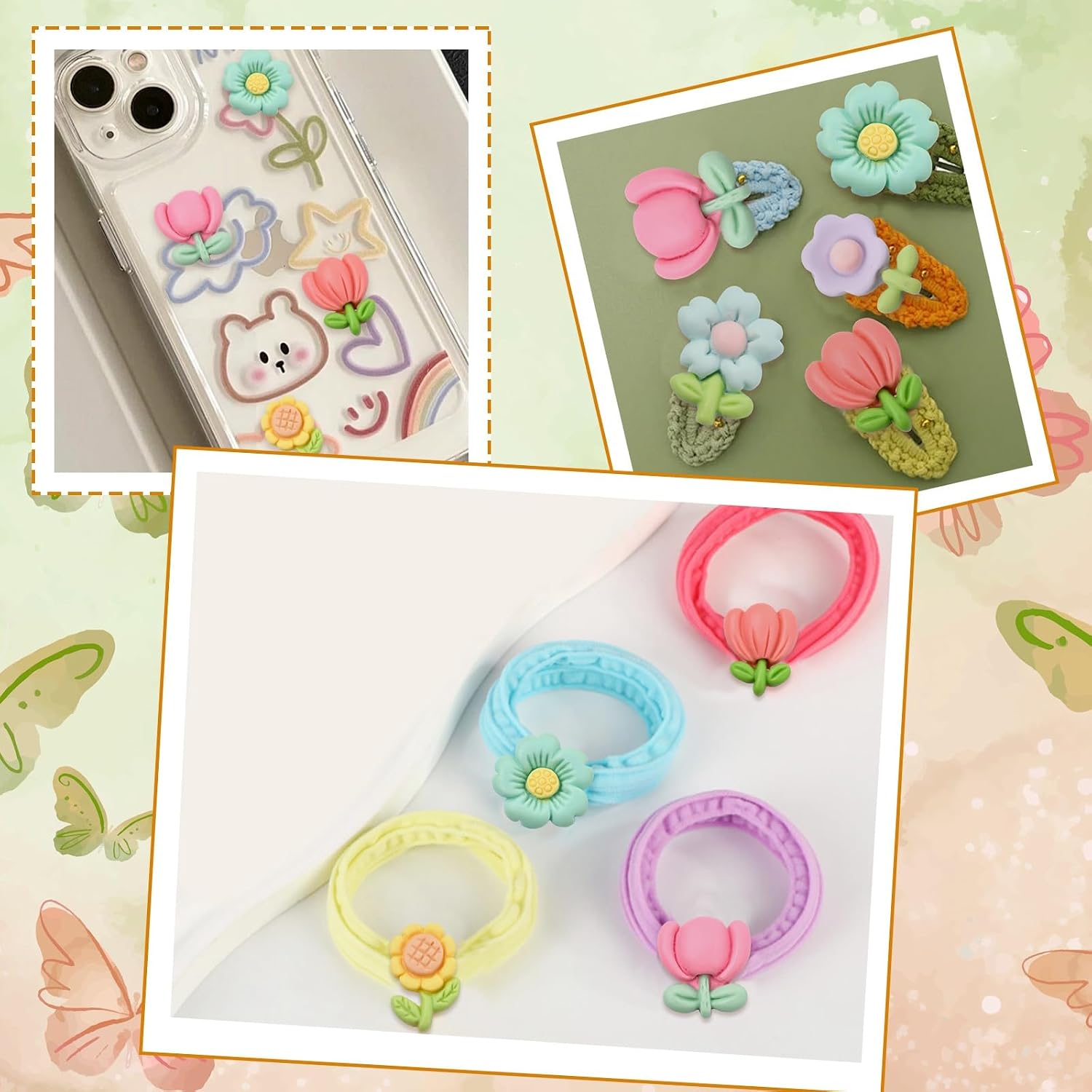 LiQunSweet 100 pcs Mixed Styles Flower Theme Resin Cabochons Cute Sunflower Tulip Daisy Floral No Hole Beads for DIY Jewelry Embellishment Craft Phone Shoe Bag