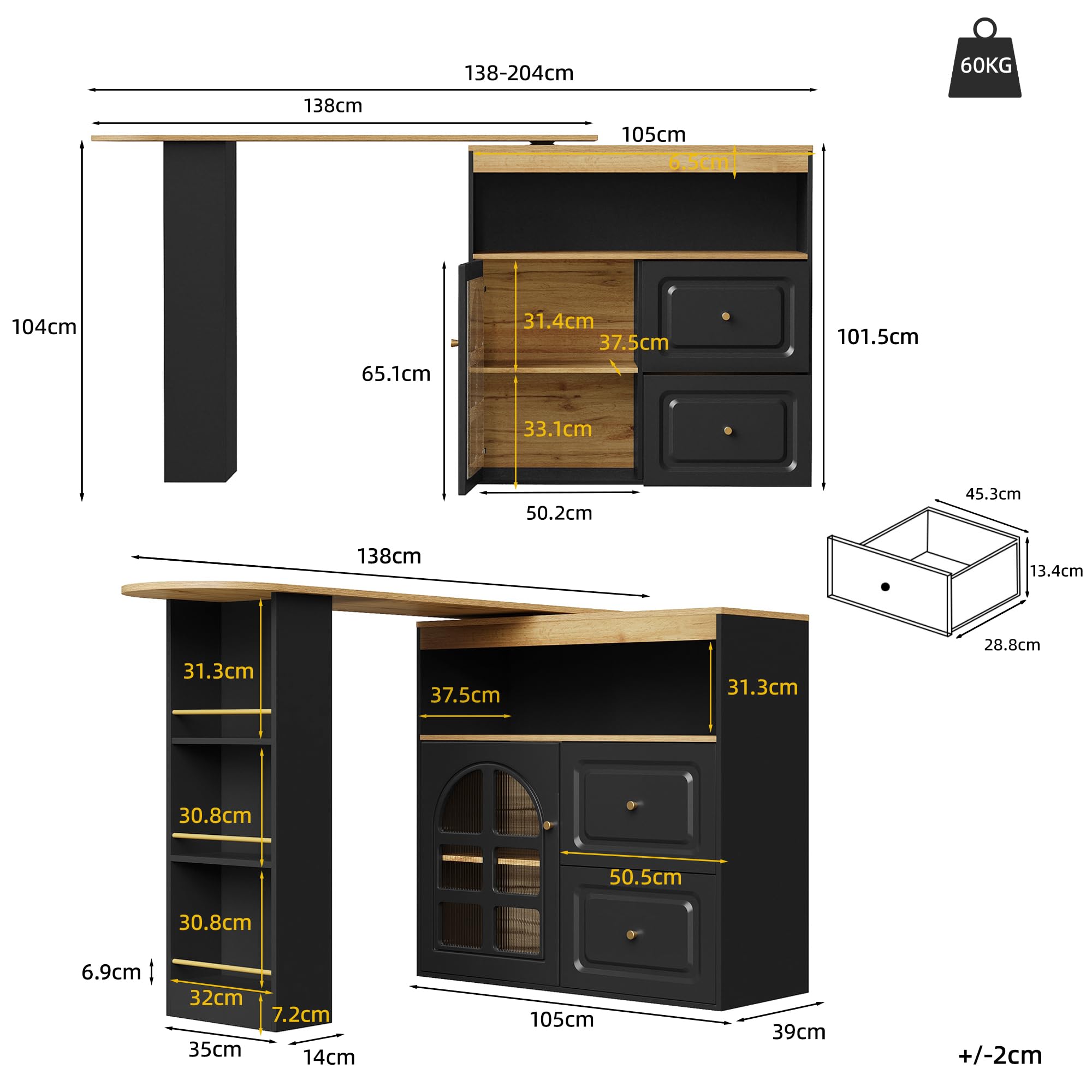Tavolo Bar Estensibile Rotazione 360°, Mobile Cucina Moderno con Ripiani e Vetro, Credenza con 4 Cassetti, Scaffali Aperti e Porta in Vetro (Black, 138-204x39x104 cm)