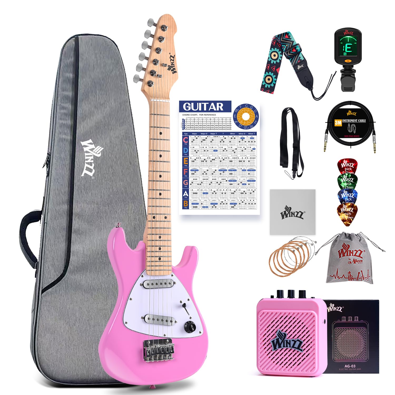 Winzz Kit per Principianti Chitarra Elettrica per Bambini da 30 Pollici, Mini Chitarra Elettrica Junior 1/4 per Bambini Set Completo per Principianti con Amplificatore, Colore Rosa Lucido