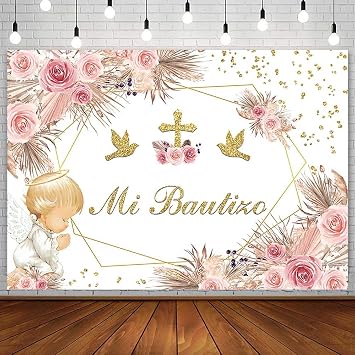 SENDY 7x5ft Mi Bautizo Backdrop Boho Baptism God Bless First Holy Communion Party Decorations for Girl Angel Pink Floral Gold Cross Glitter Background Christening Newborn Baby Shower Photo Booth Props
