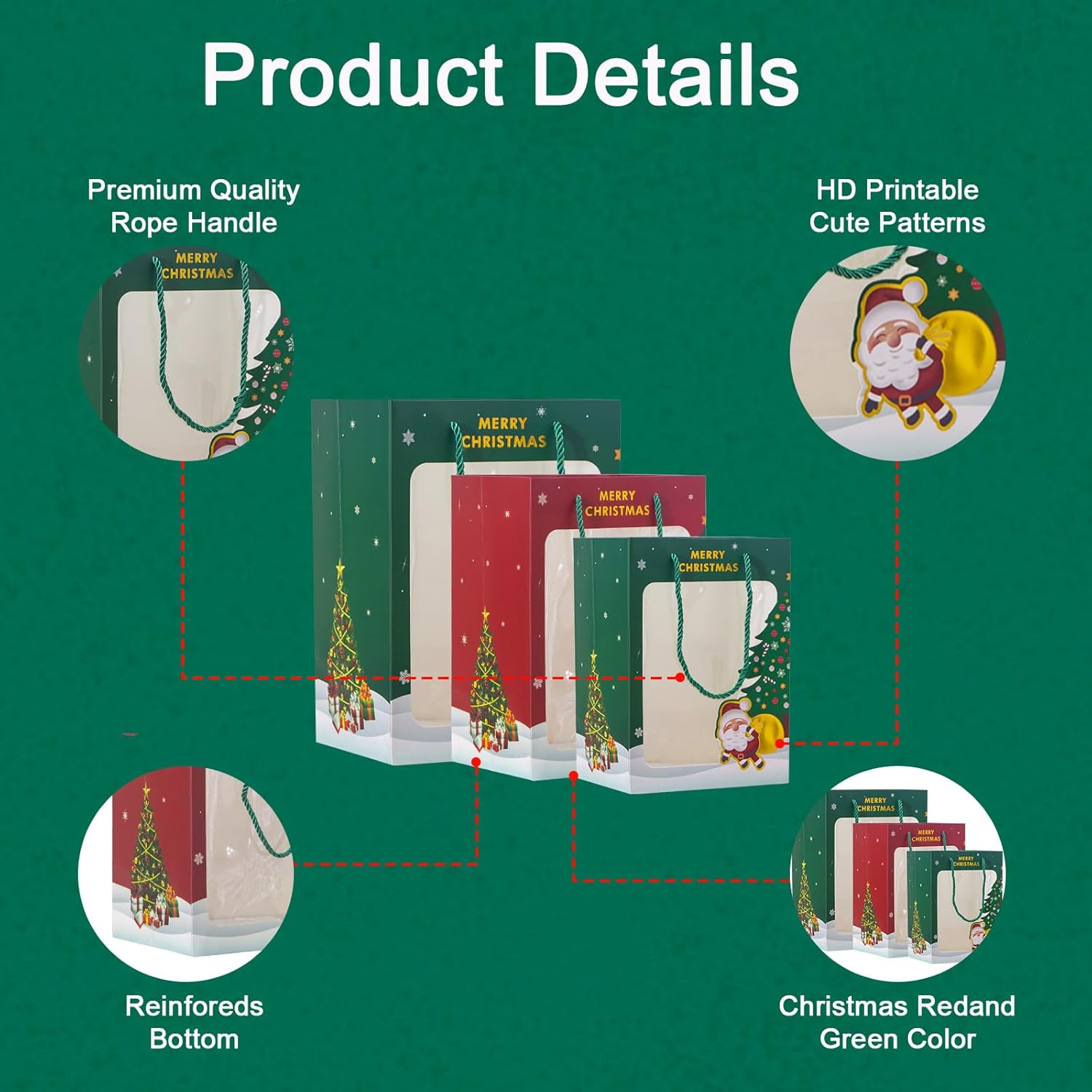 Christmas Gift Bags 6Pcs Reusable Tote Bags with Handles Red & Green Goody Bags Assorted Sizes for Paper Xmas Gifts Bags Wrapping Shopping, Holiday Gifts (2 Large 13", 2 Medium 12", 2 Small 10")