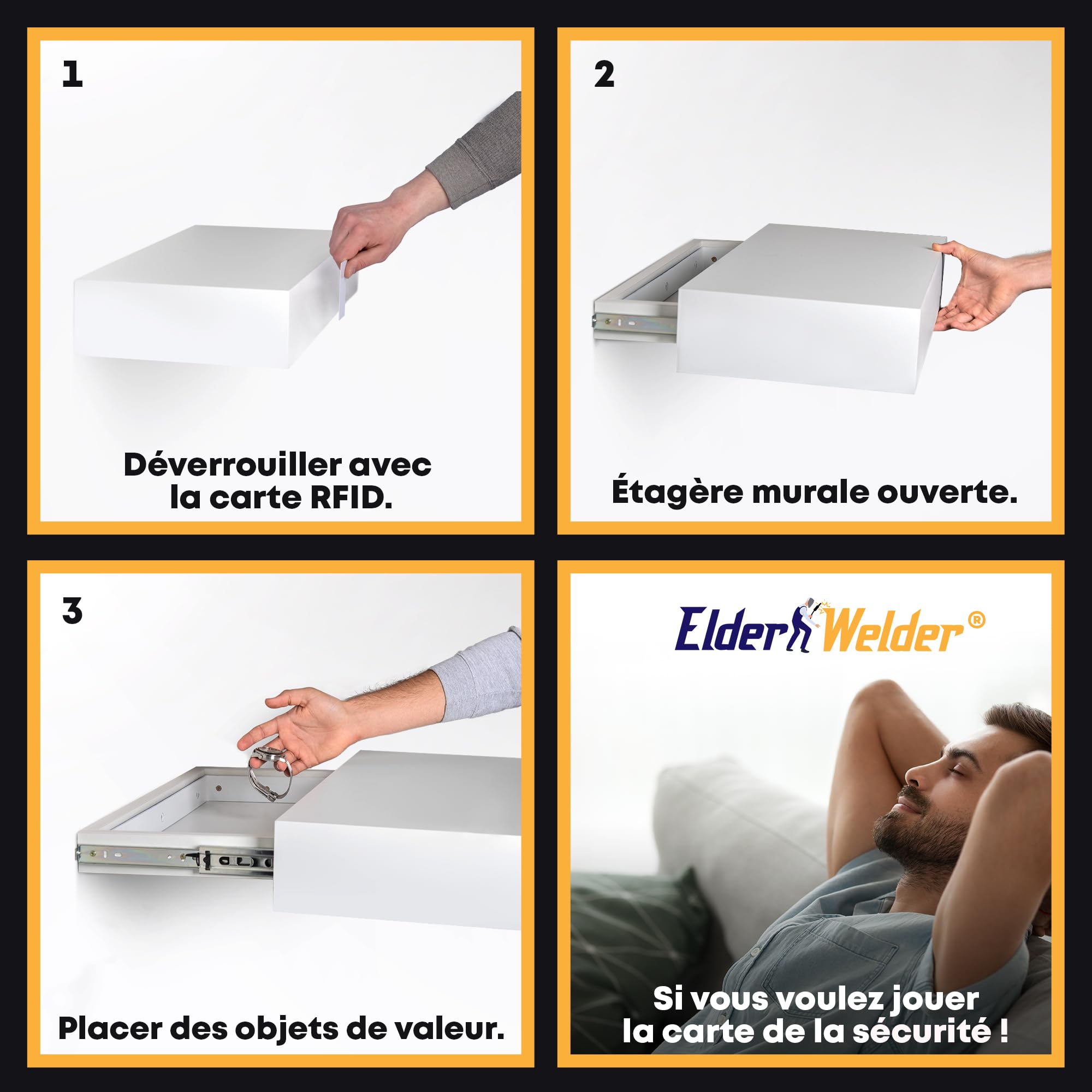 Elder Welder® Étagère Secrète avec Compartiment Secret, Serrure RFID | Blanche, 30cm x 60cm, Coffre Fort Secret, Étagère Murale avec Cachette Secrète à Clé, Étagère Murale Tiroir