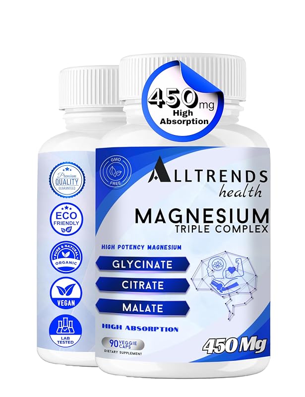 ALLTRENDS Suplemento de Magnésio Glicinato, Citrato e Malato 450 mg, 90 cápsulas