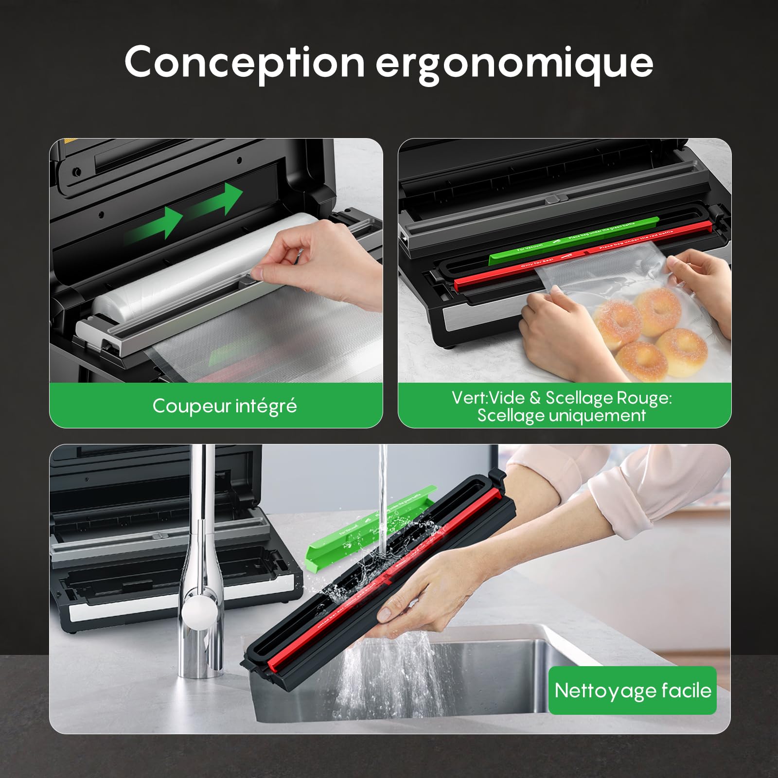 FRESKO Automatique Machine Sous Vide Alimentaire, 140 Watts, Machine Sous Vide Mains Libres, Détection Sec/Humide, Sac à 2 Rouleaux, coupeur intégré et rangement du sac (AutoMax V8)