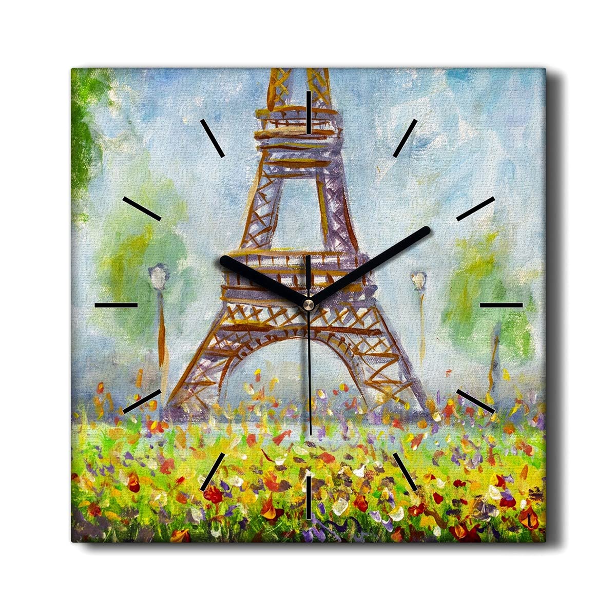 Horloge sur Toile 30x30cm Le Salon Fleurs Tour Eiffel Décoration Murale