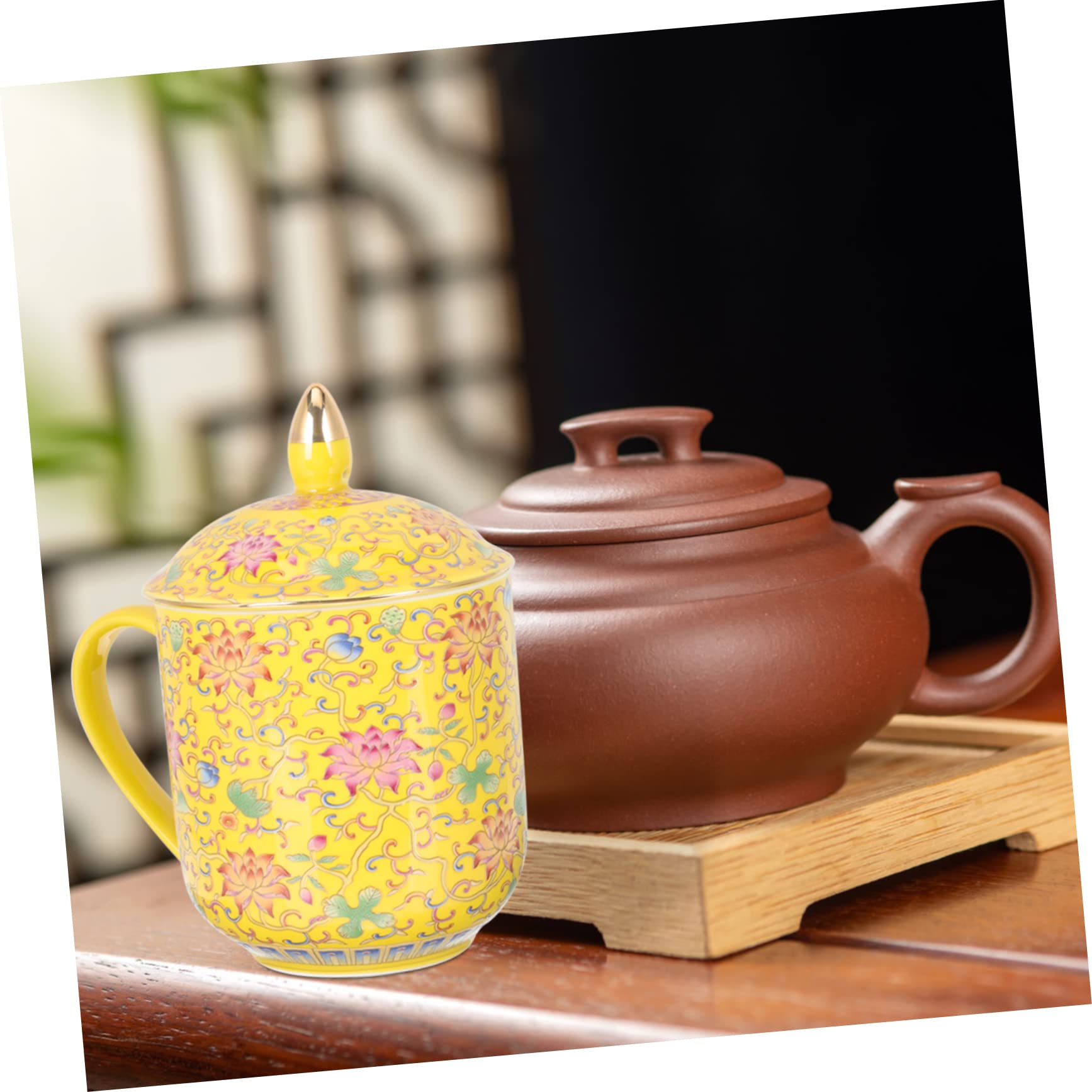 SHOWERORO Keramik Teetasse mit Deckel und Tee Ei Japanischer Teebecher für Teezeremonie Retro Stil Gelb Vielseitig Einsetzbar für Büro und Zuhause