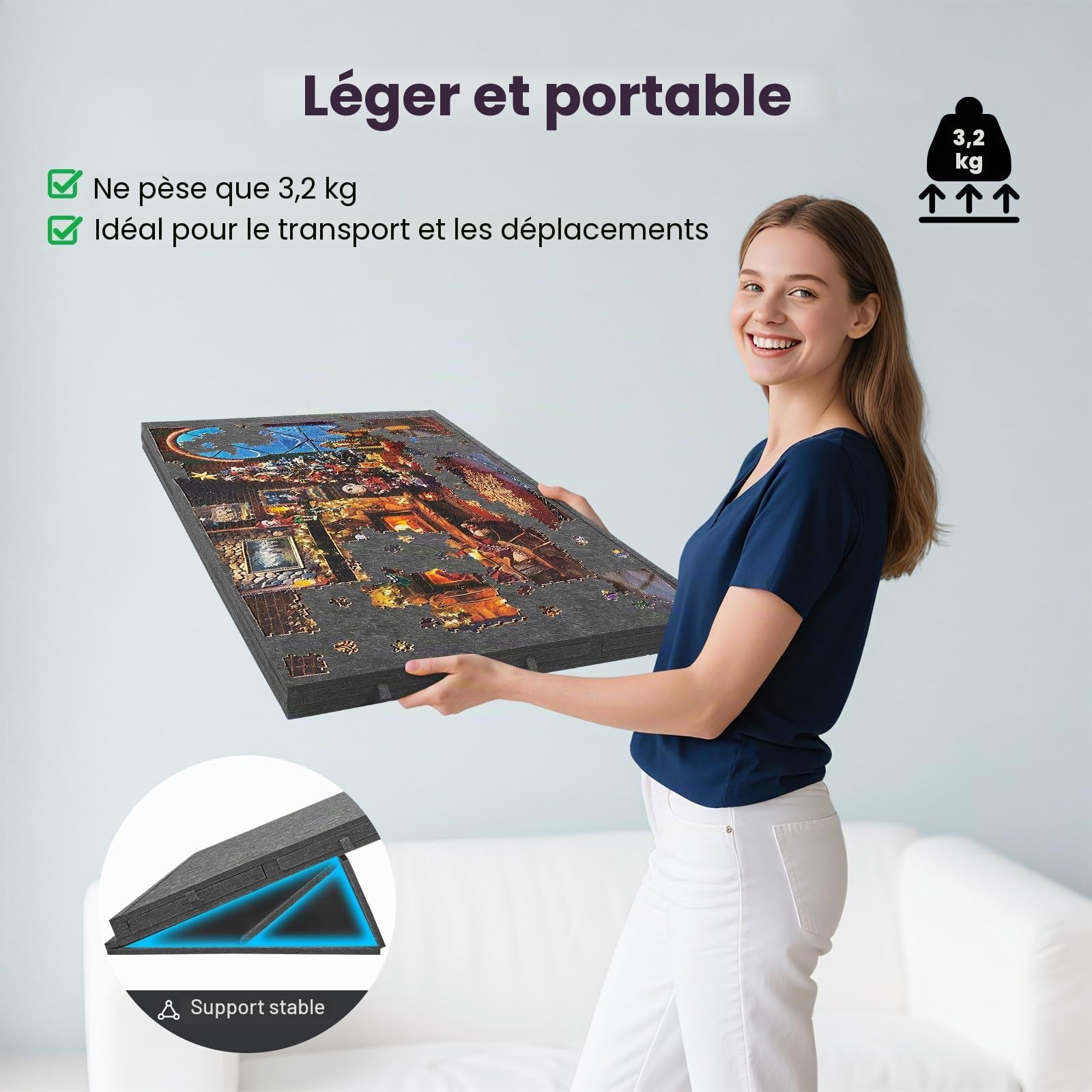 Planche à puzzle pliable en feutre antidérapant de 1500 pièces, 6 tiroirs de tri avec poignées, angle réglable, légère et portable, table de puzzle pliable en feutre