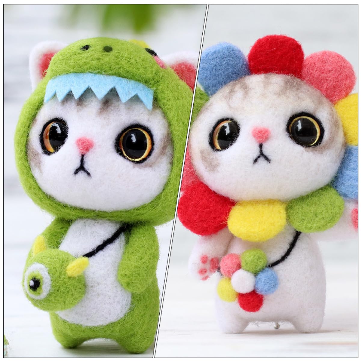 DOITOOL 6 Sätze Nadelfilz Kit für Anfänger DIY Katzenfilz Set mit Anleitung Regenbogen und Kleine Grüne Katze für Kreative Bastelprojekte Komplett Ausgestattet für Unvergessliche DIY