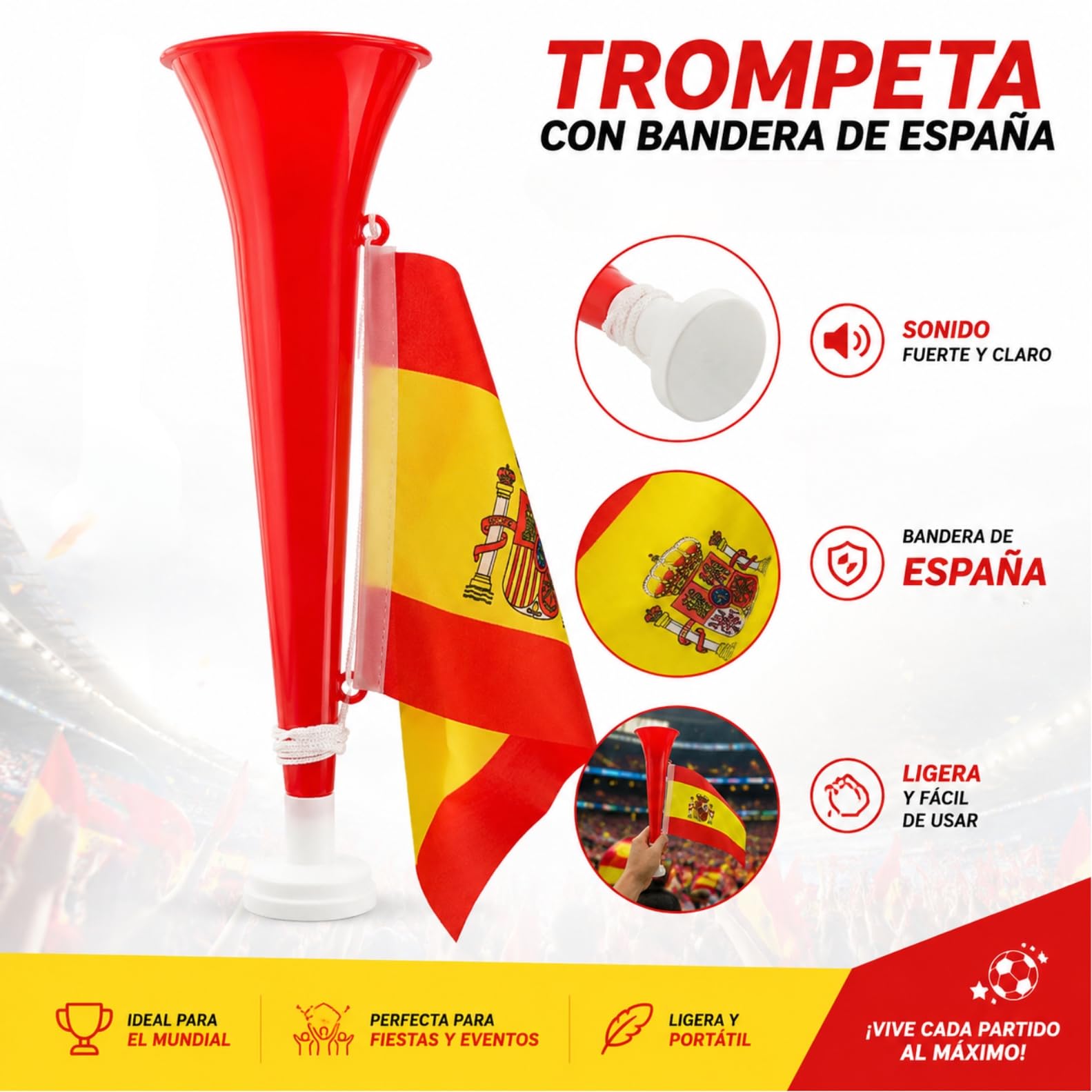 Trompeta con Bandera de España para Aficionados – Bocina de Animación 28 cm | Sonido Fuerte y Claro | Ideal para Fútbol, Eventos y Celebraciones (3 Rojo)