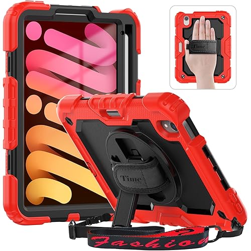 Timecity iPad Mini 7th/6th Generation Case for Kids - 8.3 Inch With Screen Protector, Pencil Holder, Swivel Stand, Hand/Shoulder Strap, Drop-Proof for A17 Pro - Red