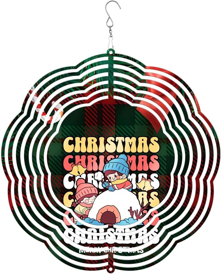 Green Red Plaid Merry Christmas Wind Spinners 3D Stainless Steel Laser Cut Metal Double Sided Printing-Hanging Indoor/Outdoor Decorations Yard Gardening Decor,Metal Kinetic Art 16x16 inches