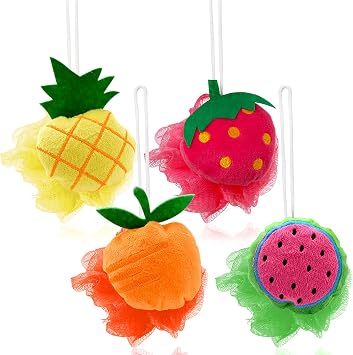 Rocutus 4pcs Child Bath Shower Sponge Pouf Loofahs Mesh Brush Shower Ball Cute Bath Flower with Hooks for Travel Mixed 4