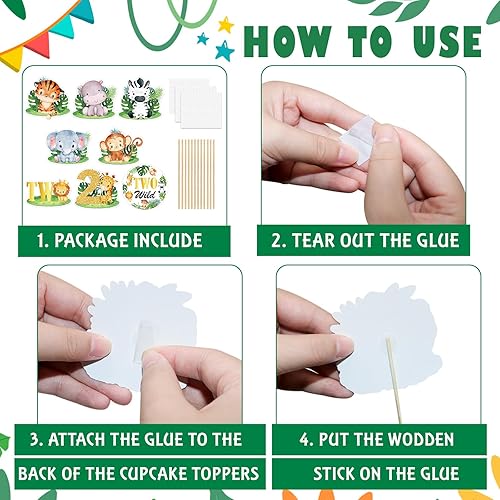 Miniatura 4 de 48 adornos para cupcakes salvajes, dos decoraciones de cumpleaños salvajes para niños, decoración de tartas de animales de la selva, decoraciones de