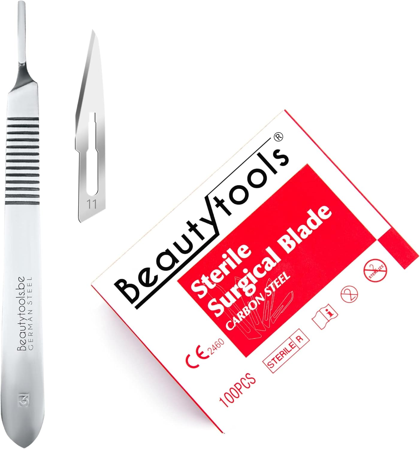 BeautyTools Scalpel Set with Bistouri Holder Nr. 3 + Scalpel Blades Nr. 11 (100 Pieces) – Pedicure Blades for Corns and Calluses – Sterile Packed (BP-0652)