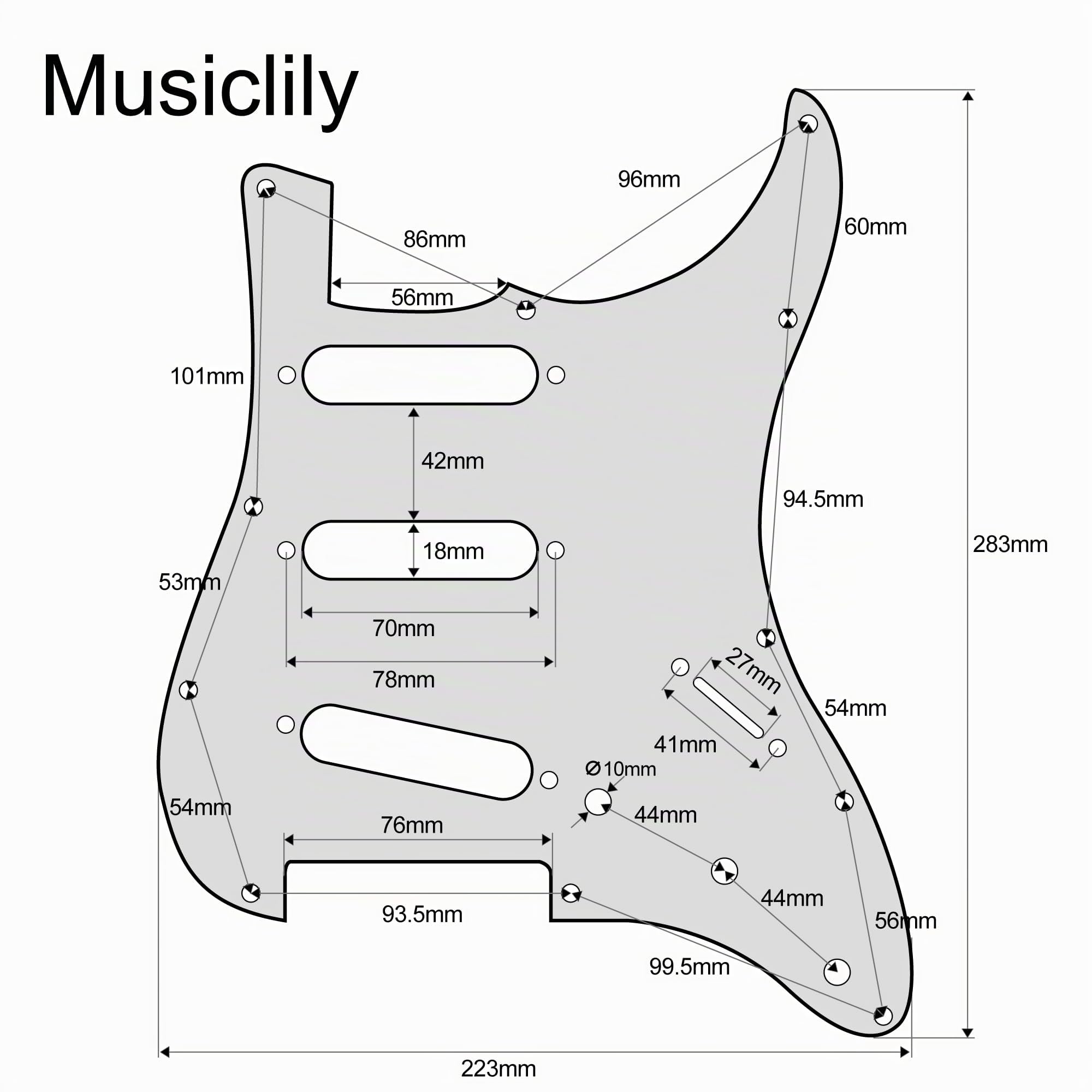 Musiclily Pro-SE ST-DPHC SSS Battipenna Precablato Pickguard 3 strati Nero | con Mini Rail Humbucker Ceramico, per Chitarra Elettrica tipo Strat
