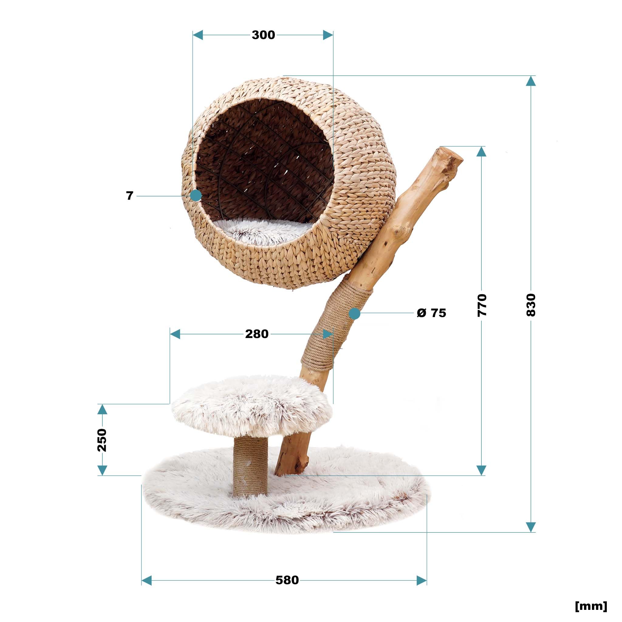 Fudajo Kratzbaum Zweigdesign mit Katzenkorb 83 cm hoch, Designer Katzenkratzbaum mit Liegekorb in Flecht-Optik, Katzenbaum aus Holz mit Plüsch