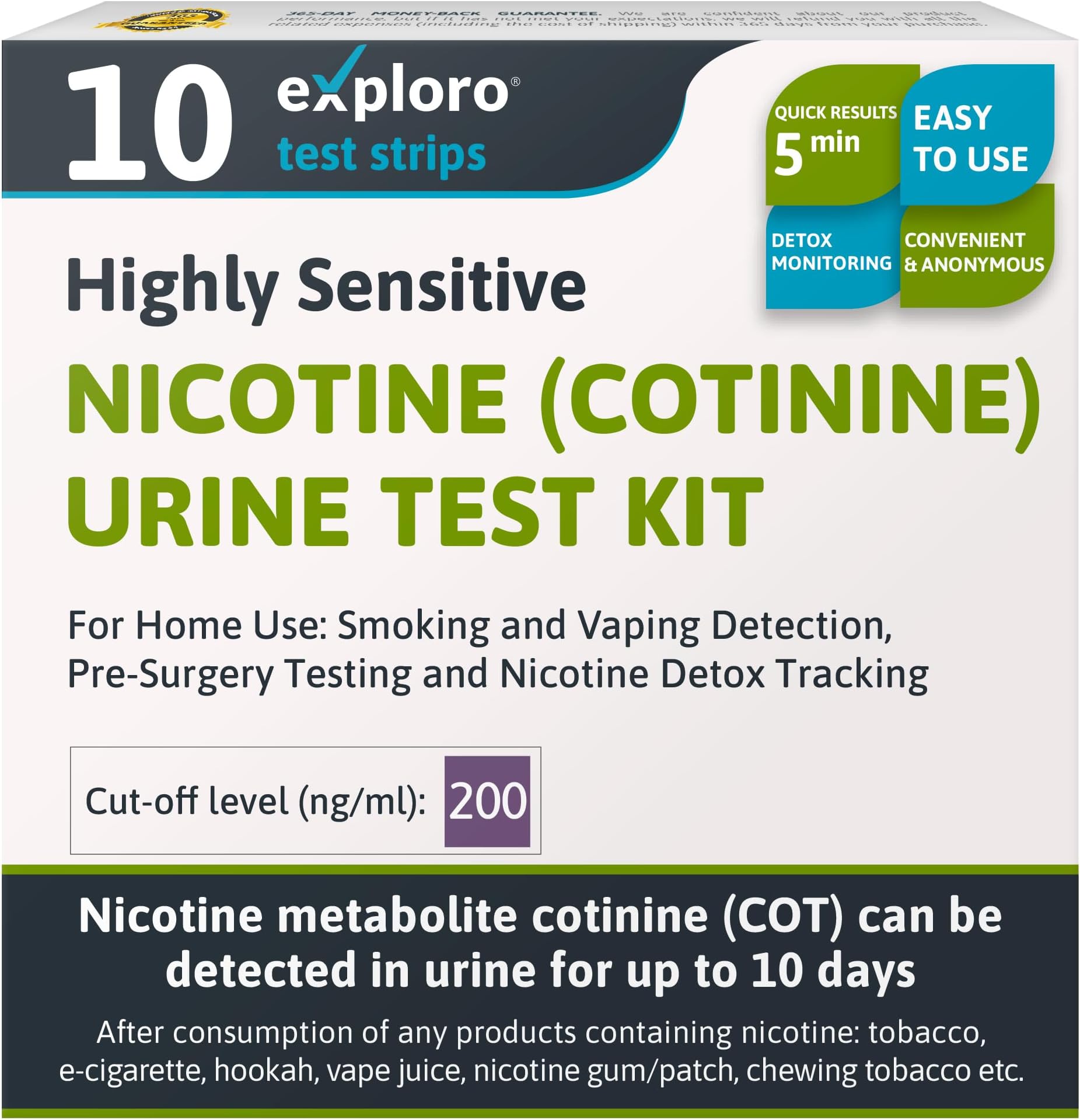 Exploro Nicotine Testing Kit at Home, CLIA Waived Sensitive & Rapid Cotinine Urine Test Strips, Rapid 5-Min Results, Pre-Surgery/Insurance Ready, 200 ng/ml Cut-Off Level (Pack of 10)