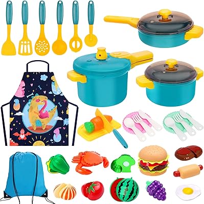 Kids Play Kitchen Accessories Set, Pretend Play Cooking Toys Set, Kitchen Toys Playset for Toddlers, Toy Pots and Pans for Kids Kitchen with Fake Play Food Cookware Utensils Dishes, Girls Boys Gift