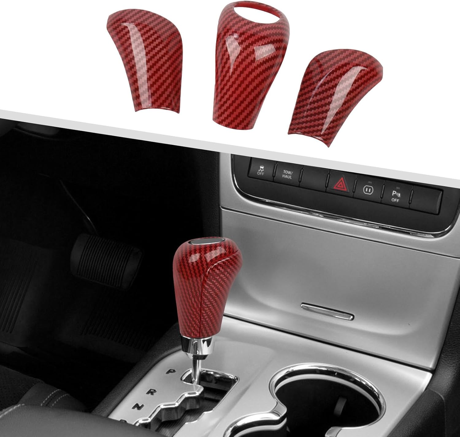 Jimen Compatible with Jeep Grand Cherokee 2011-2013, 3PCS Gear Shifter Knob Cover Interior Trim Accessories (Red Carbon Fiber)