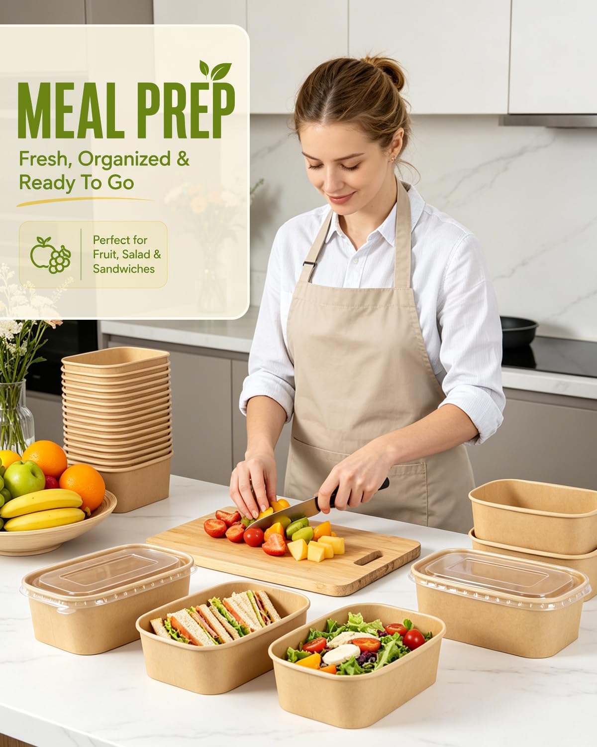 50 Pack 29 OZ Disposable Paper Food Containers with Lids and Forks | To Go Meal Prep Containers, Kraft Paper Bowls for Hot & Cold Food, Salad, Soup, Takeout, Party, Microwave and Freezer Safe