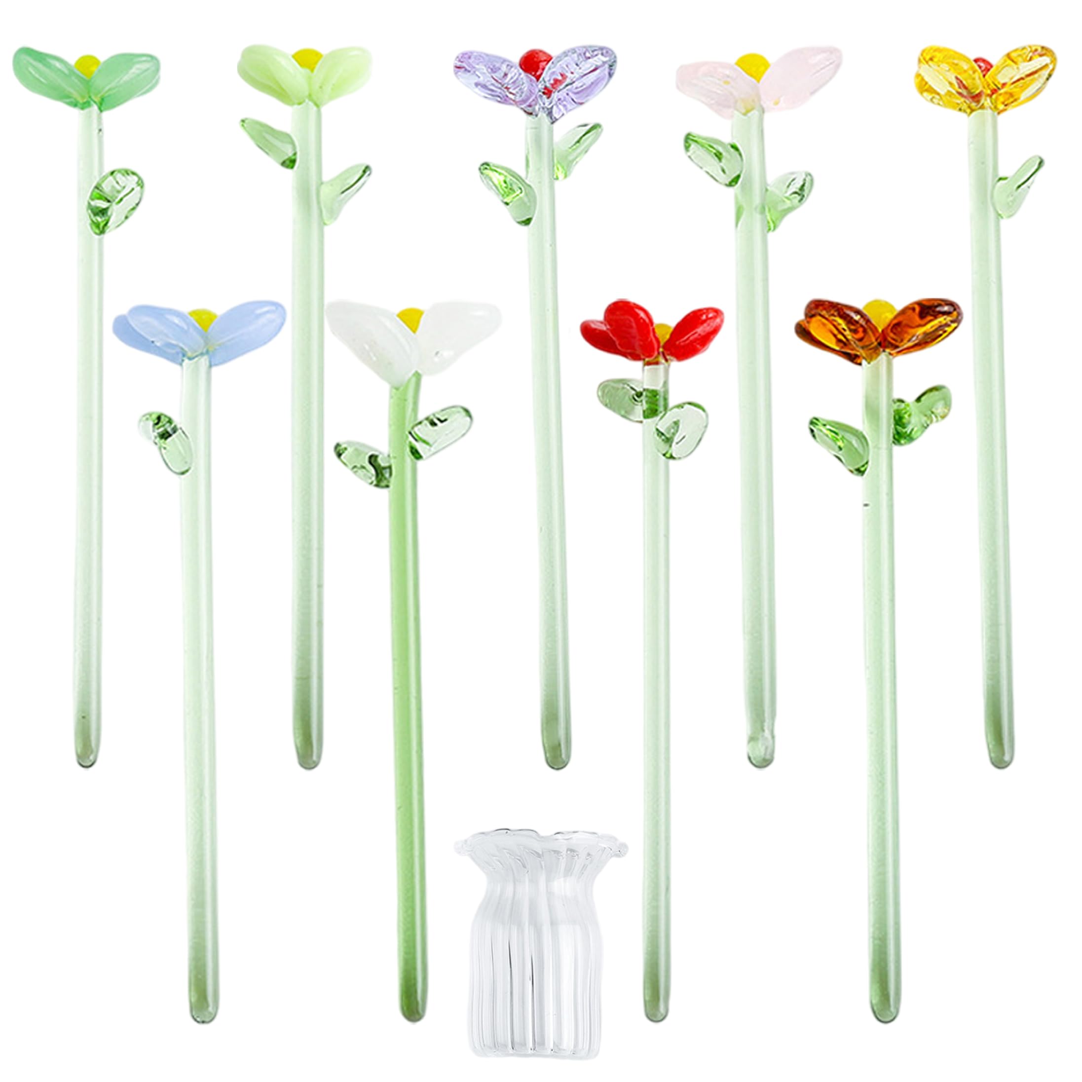 Mini Glass Flowers In Vase, 9Pcs/Set Mini Glass Flowers Set with Tiny Vase, Handcrafted Assorted Blooms Colorful Desktop Decor for Home Office